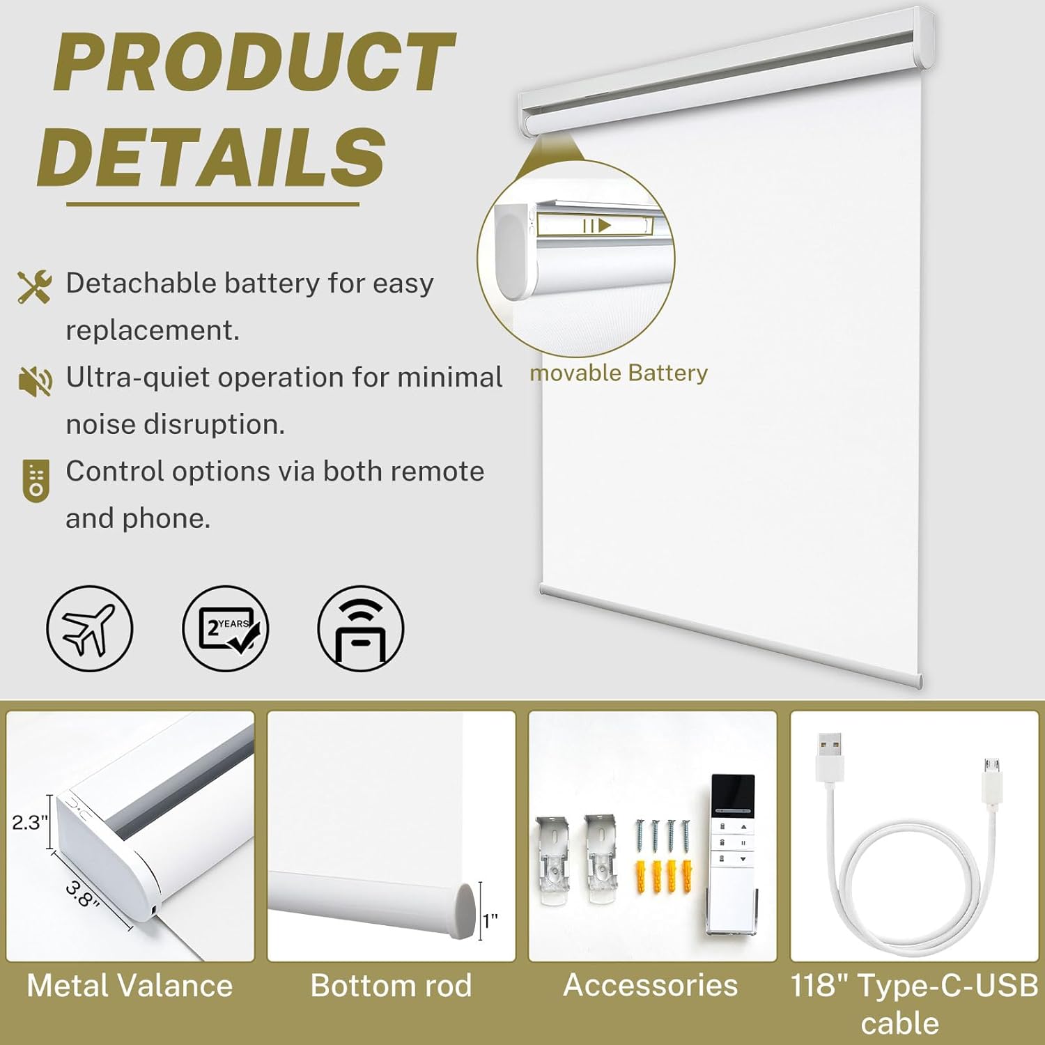 Persianas enrollables motorizadas opacas para ventanas de interior con batería extraíble y recargable, persianas automáticas, persianas inteligentes