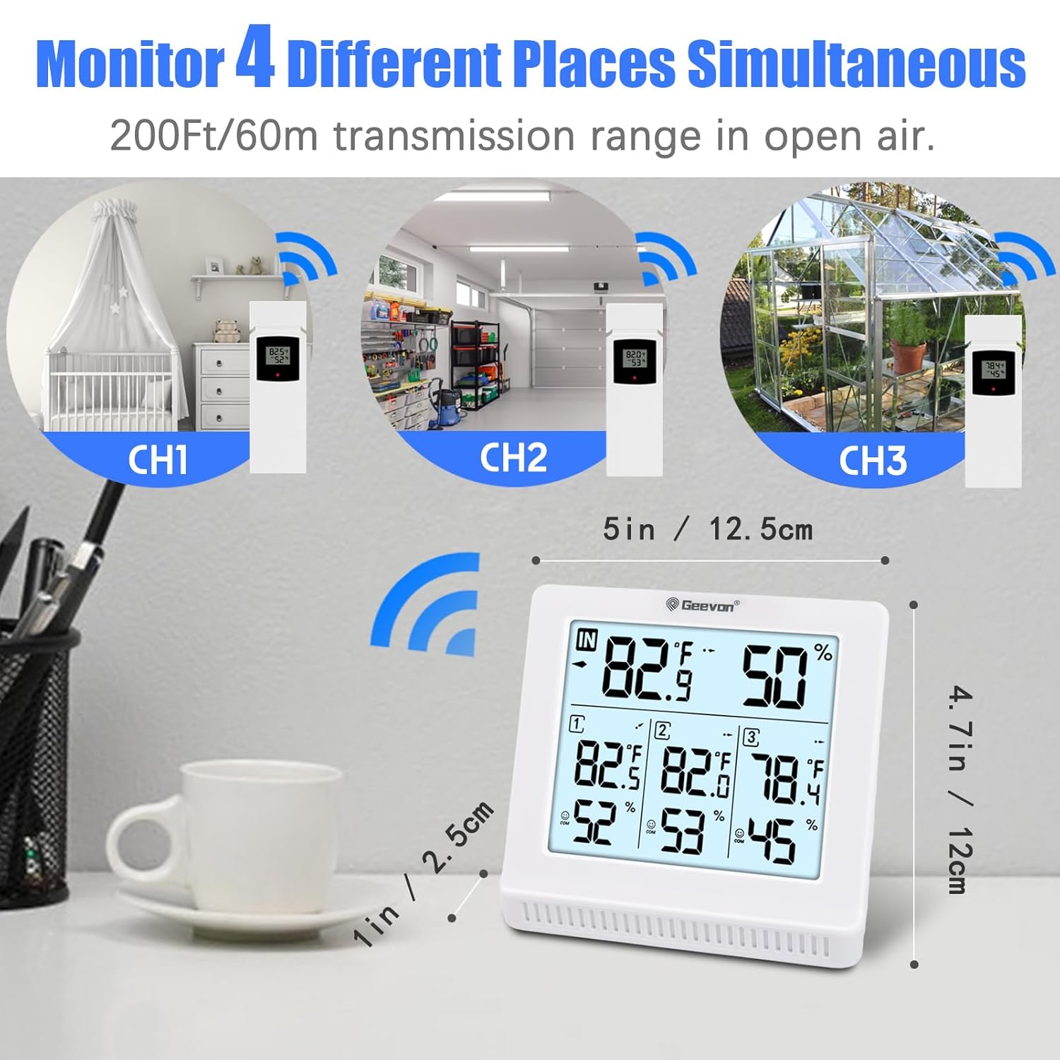 Geevon Termómetro inalámbrico para interiores y exteriores con 3 sensores remotos, termómetro higrómetro digital, medidor de temperatura y monitor