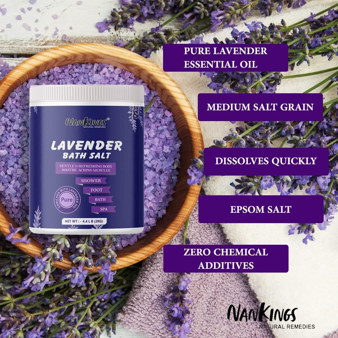Baño de lavanda y remojo de pies 4.4 libras enriquecido con sal de Epsom  Aceite esencial de lavanda  Aceite de oliva y aceite de coco,