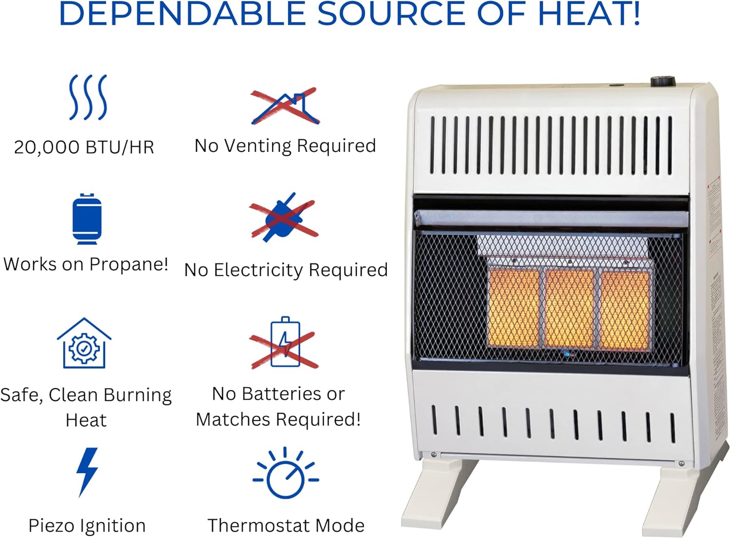 ProCom ML150TPA-B Calentador infrarrojo de gas propano sin ventilación con control de termostato para uso doméstico y oficina, 20,000 BTU, calienta