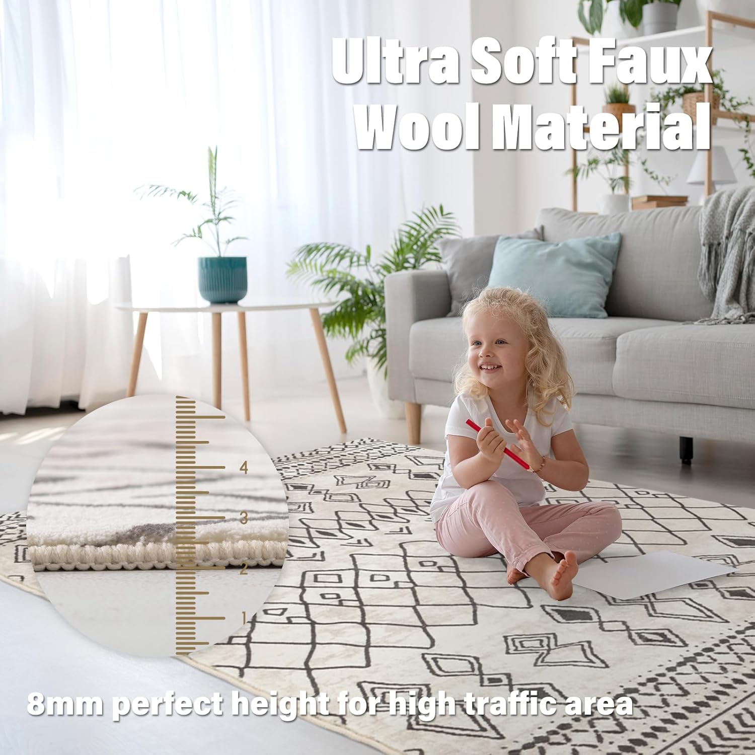 Alfombra lavable de gran tamaño de 8 x 10 pies para sala de estar, antideslizante, bohemio, marroquí, para dormitorio, interior, casa de campo,