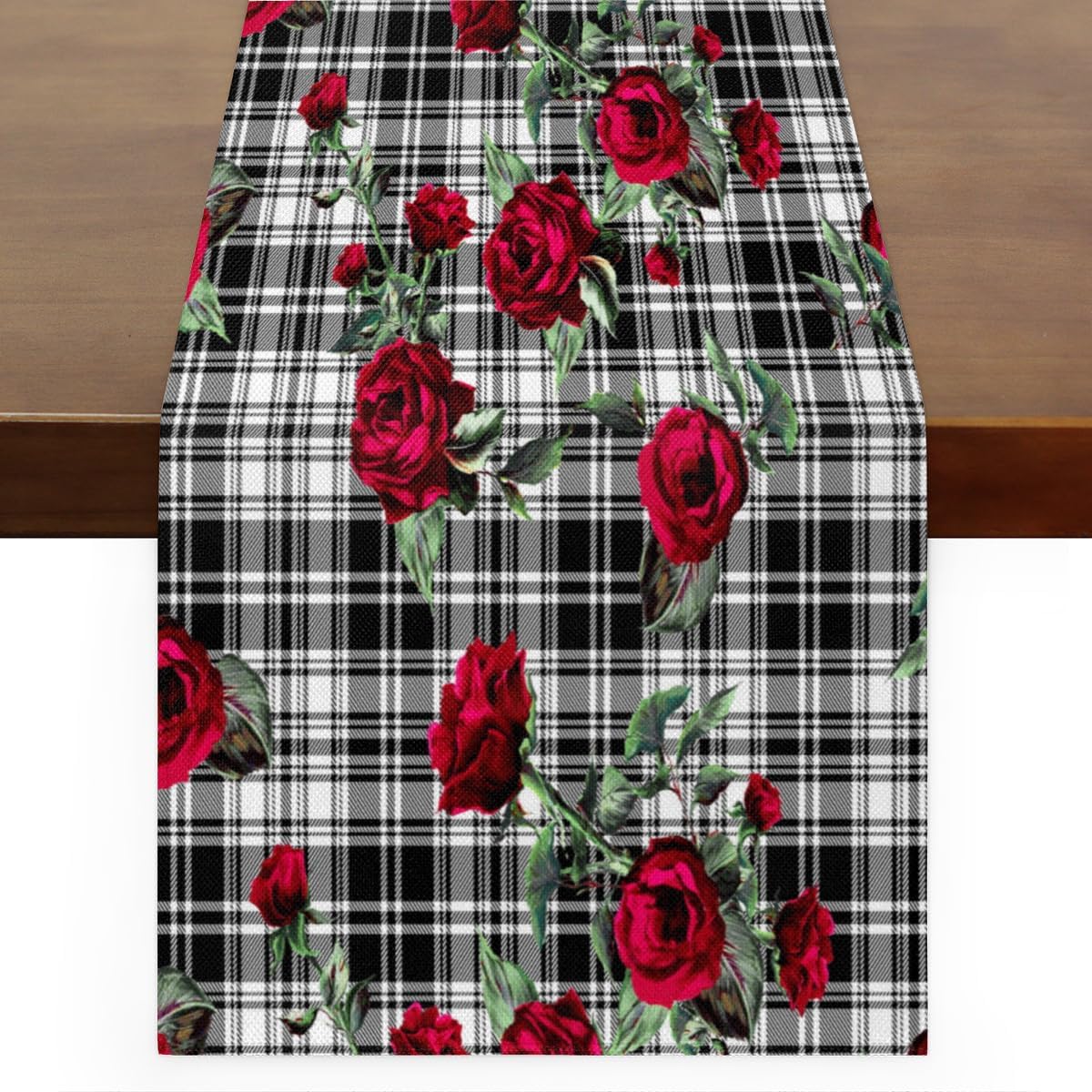 Table Runner Rose Black Plaid Background, Autumn Rustic Linen Table Cloth Kitchen Dining Table Decor for Home Party 13 x 72 Inches