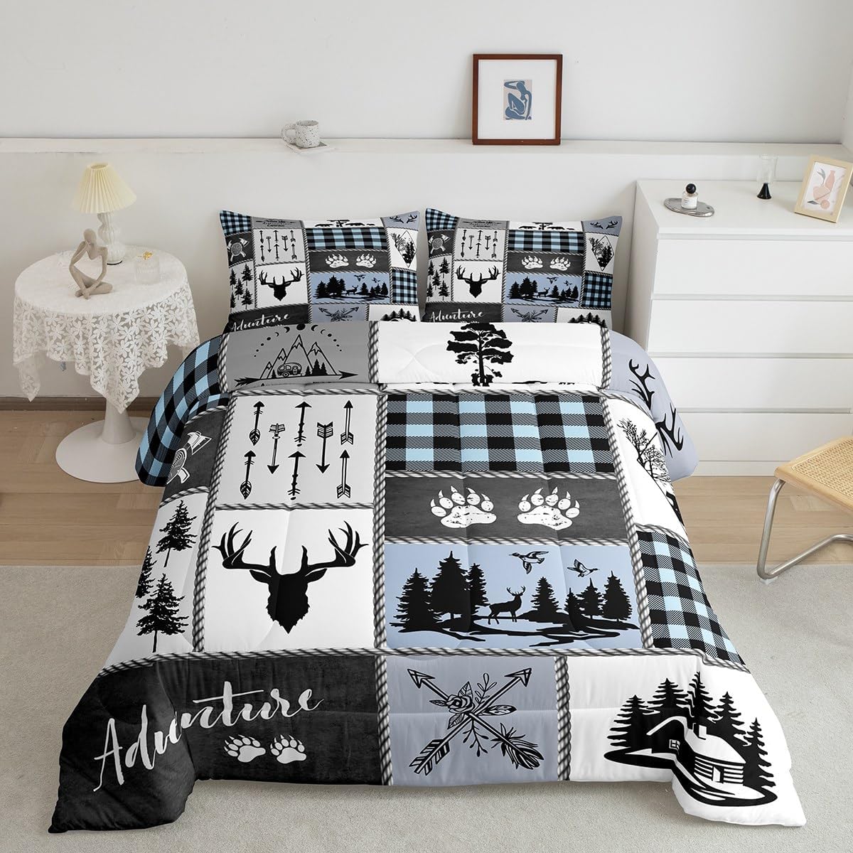 Juego de edredón de oso de ciervo para niños, tamaño individual, juego de ropa de cama rústica de aventura de caza para niños, niñas y adultos,