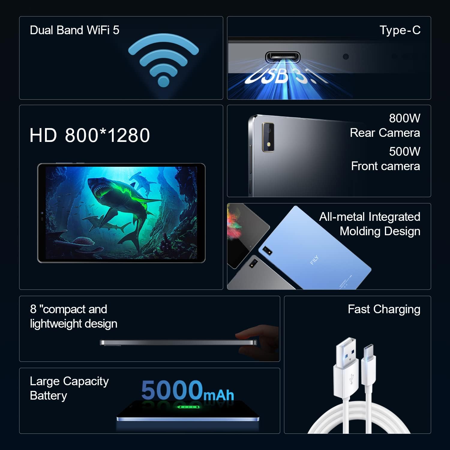 FILY Tableta F8 Android12, tableta de 8 pulgadas, 4 GB+128 GB de almacenamiento, procesador de cuatro núcleos, 2.0 Ghz, cubierta de metal completa,