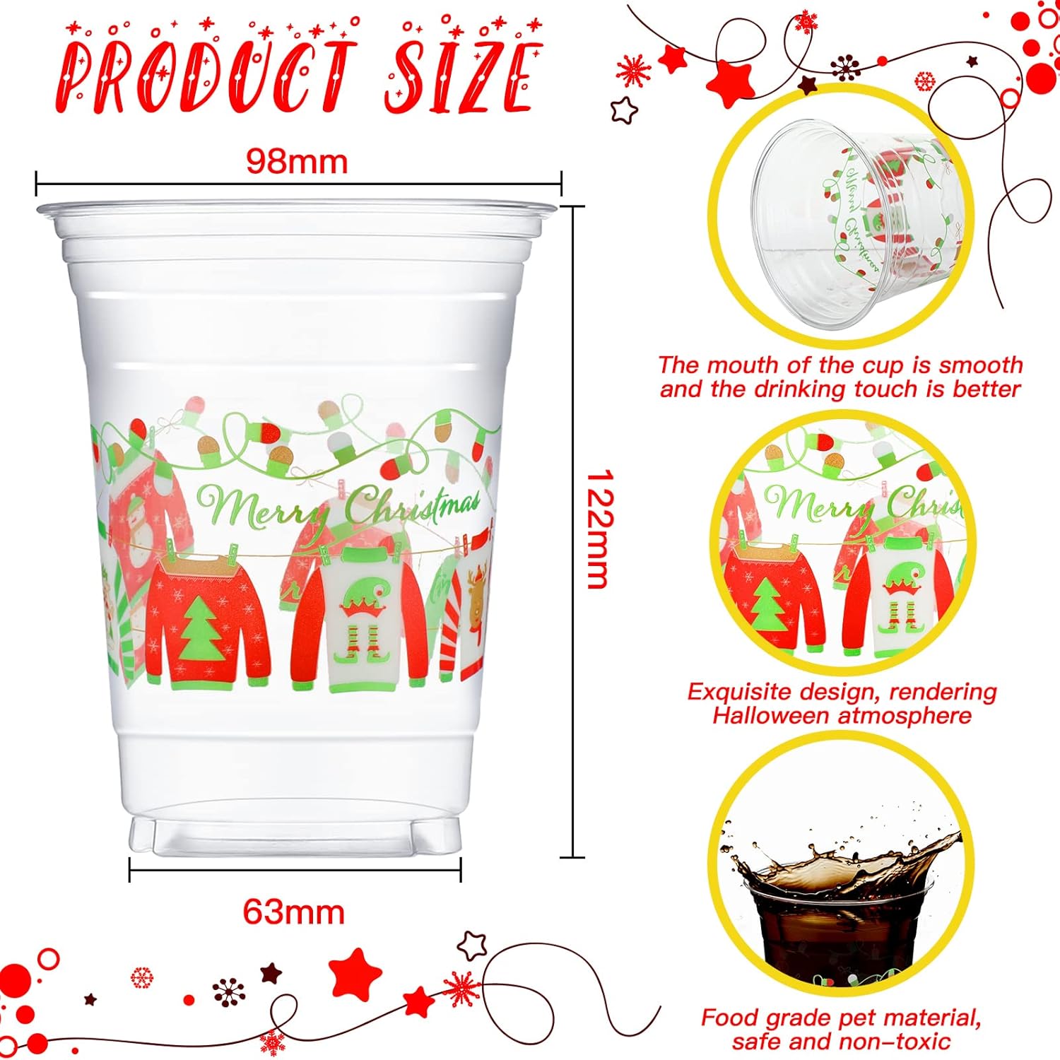 Meanplan 30 vasos de Navidad de 16 onzas desechables de plástico para suétercopos de nieve para decoración de fiestas de Navidad (suéter)