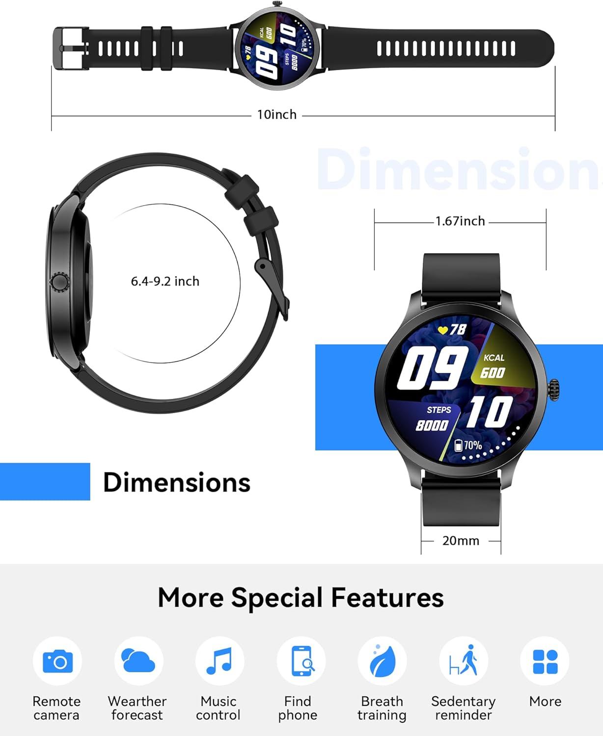 Gydom Rastreador de actividad física, reloj inteligente de 1.32 pulgadas con notificación de mensajes de llamada telefónica, impermeable IP68,