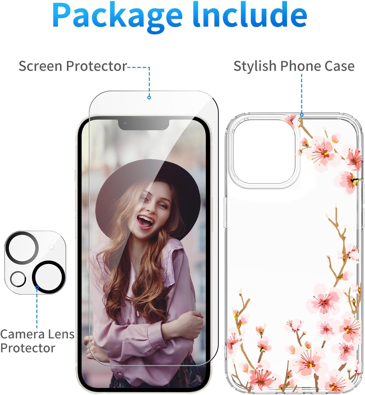 ZQWY Funda floral compatible con iPhone 15, diseño de patrón de flores transparentes, policarbonato duro + funda protectora de TPU suave para