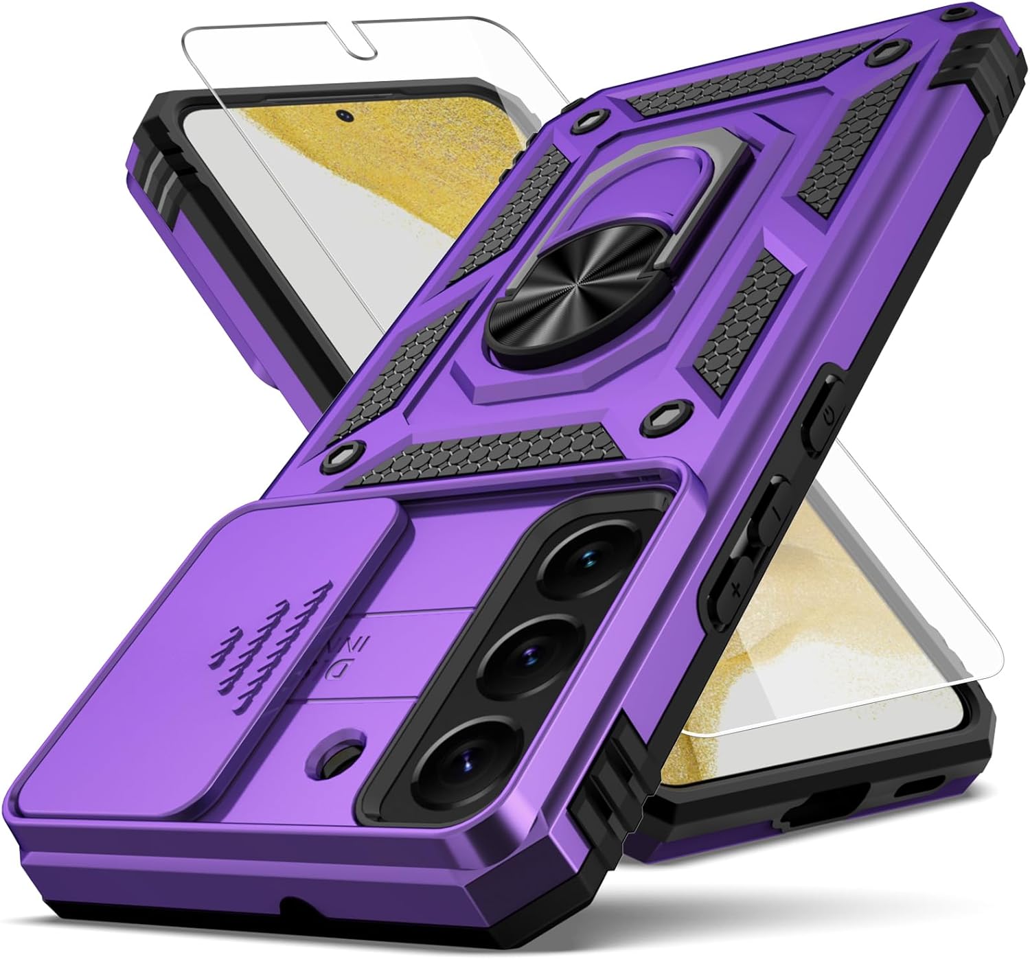 Funda para Samsung Galaxy S22, con cubierta para lente de cámara, protector de pantalla HD, grado militar anillo de montaje en coche con soporte