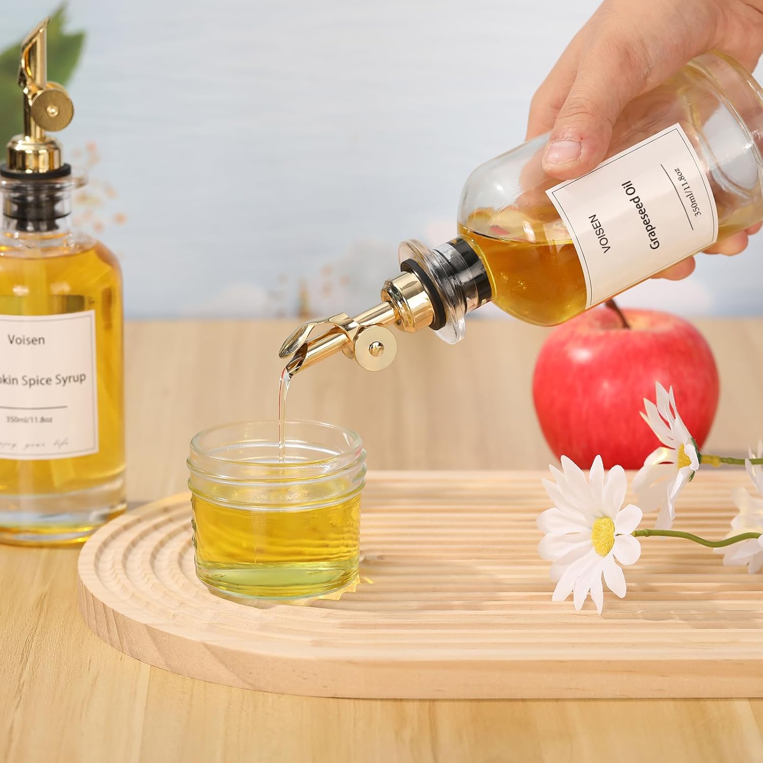 VOISEN Botella dispensadora de aceite de oliva para cocina, juego de 3 botellas de aceite de vidrio, dispensador de jarabe de café, recipiente de
