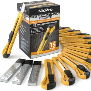 Paquete de 15 cuchillos utilitarios, cortadores de cajas de plástico, cuchillo retráctil a granel con 30 cuchillas adicionales a presión de 0.709 in Paquete de 15 cuchillos utilitarios, cortadores de cajas de plástico, cuchillo retráctil a granel con 30 cuchillas adicionales a presión de 0.709 in