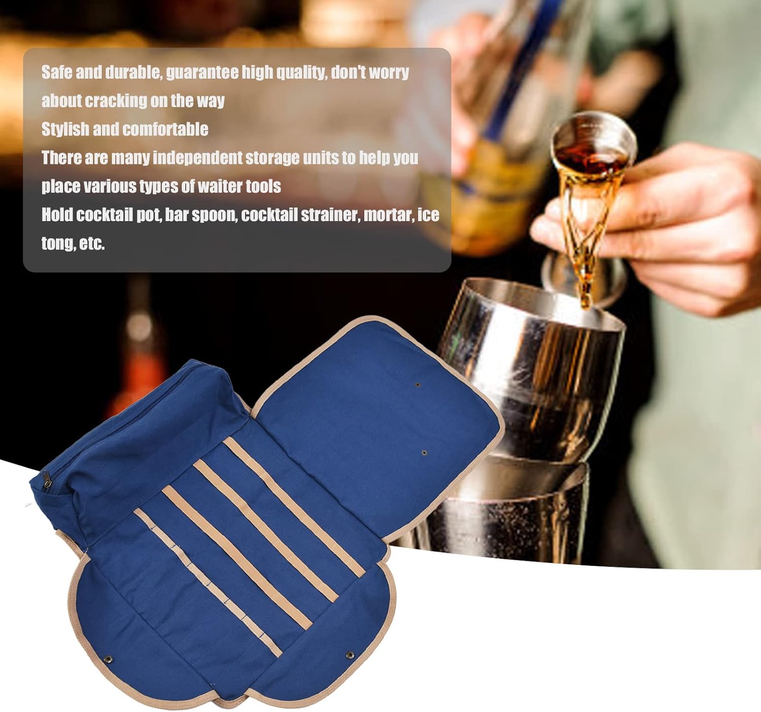 Juego de coctelera para camarero, bolsa de viaje, kit de camarero, bolsa enrollable con correa para el hombro para hacer cócteles en casa, trabajo,