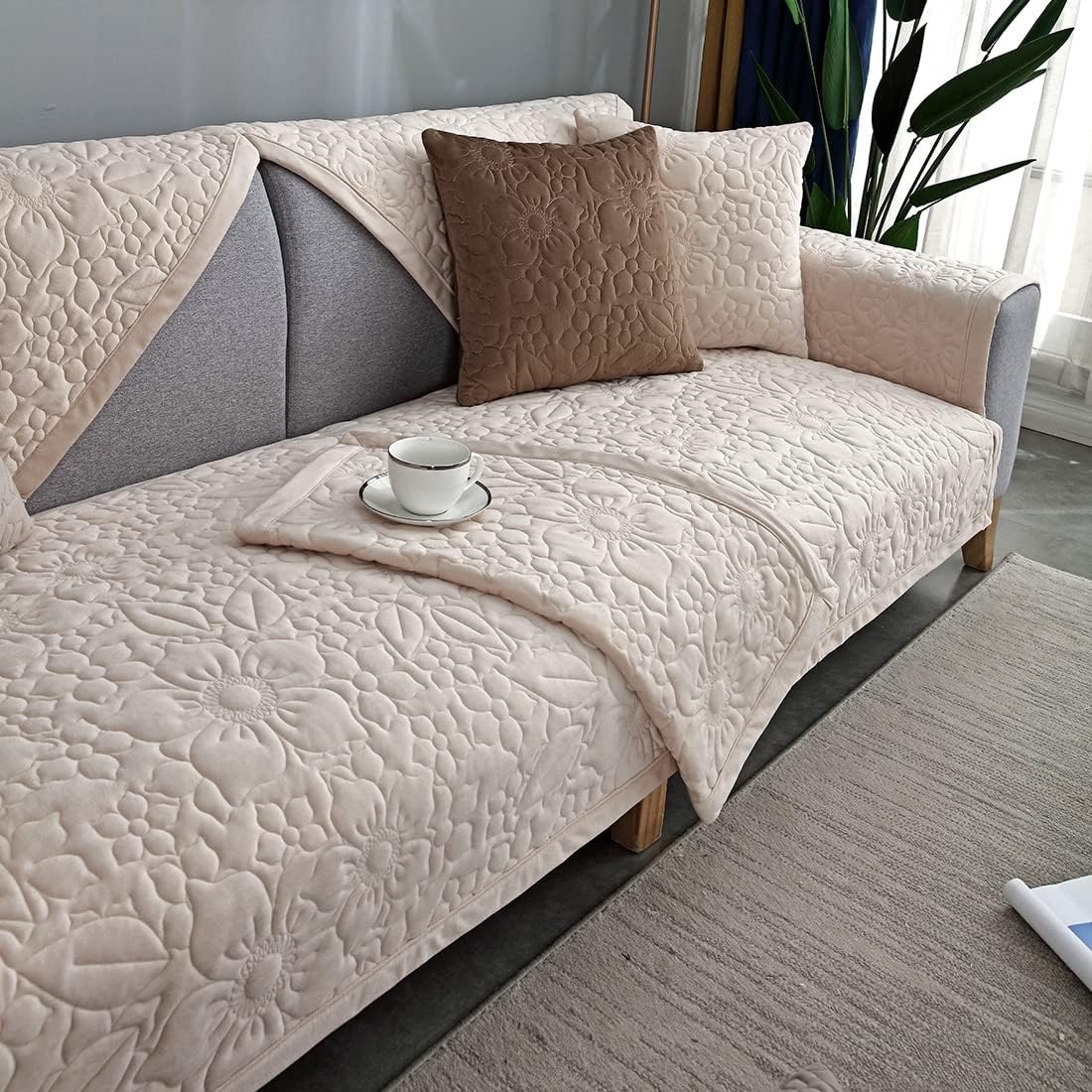 vctops Funda de sofá de felpa súper suave con bordado floral para sofá modular, funda antideslizante para sofá, cómodo y cálido, protector de