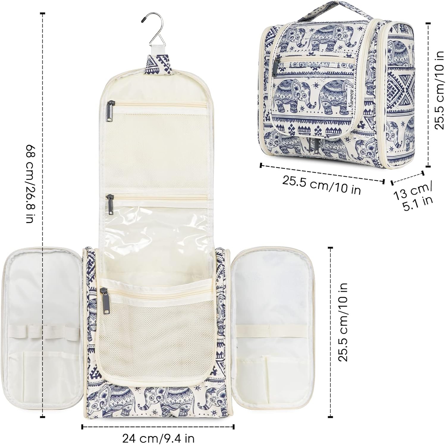 Narwey Neceser de viaje colgante organizador de maquillaje cosmético para mujeres y hombres, B-elefante