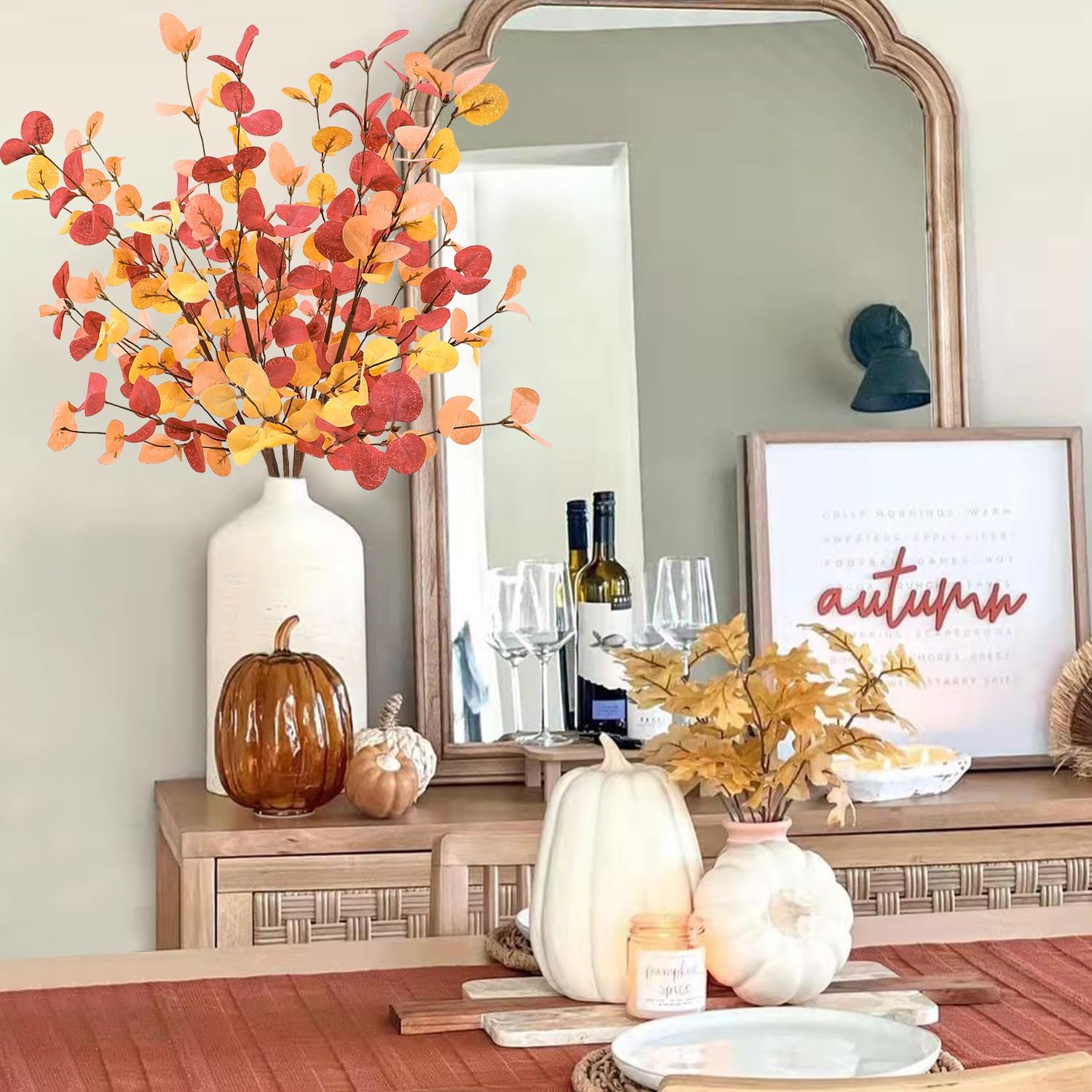 Sawowkuya 6 hojas artificiales de eucalipto de otoño, hojas de otoño, arreglos florales de otoño falsos, tallos florales de otoño, tallos de otoño