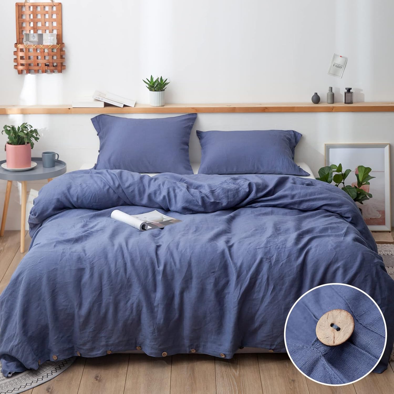 Simple&Opulence – Juego de funda de edredón 100% lino, 3 piezas de lino belga transpirable, tamaño Queen 88×92 pulgadas (1 funda de edredón y 2
