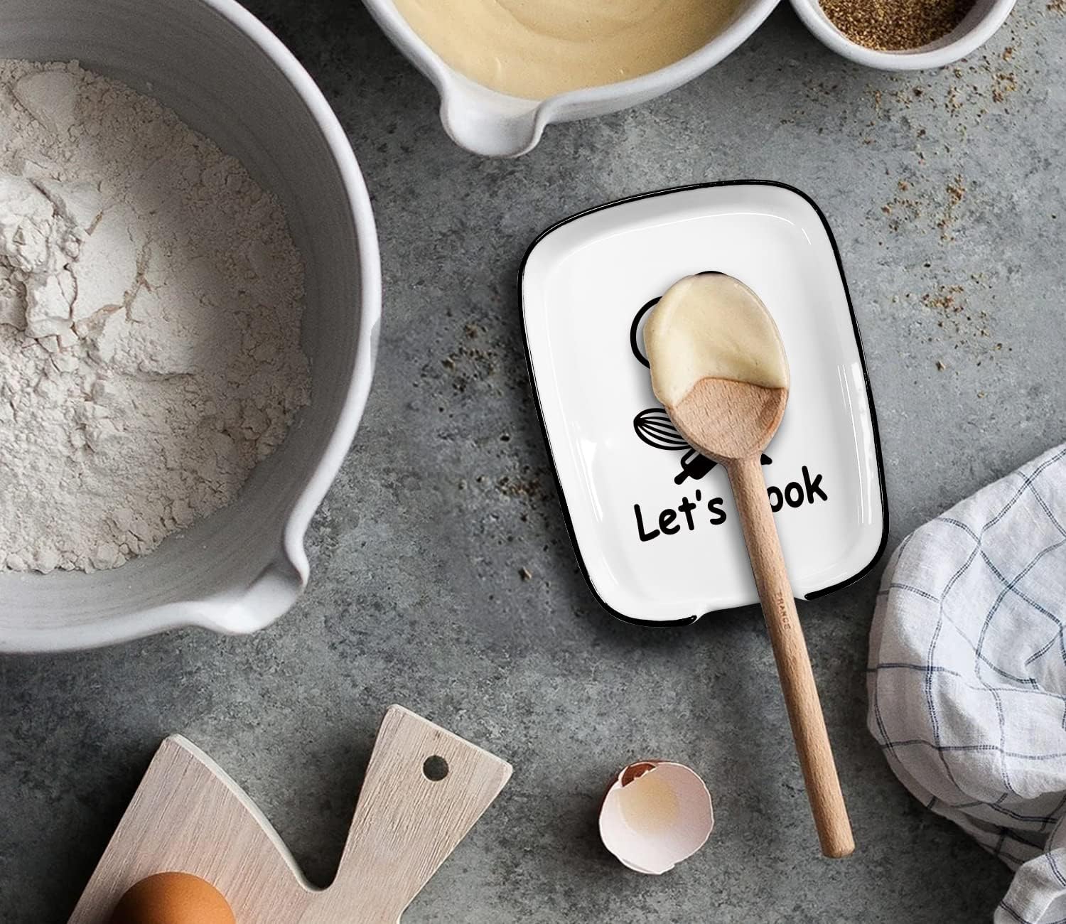 Soporte de cuchara de tenedor con diseño de cerámica con mensaje Let’s Cook, soporte de cuchara funcional para utensilios de cocina adecuado para