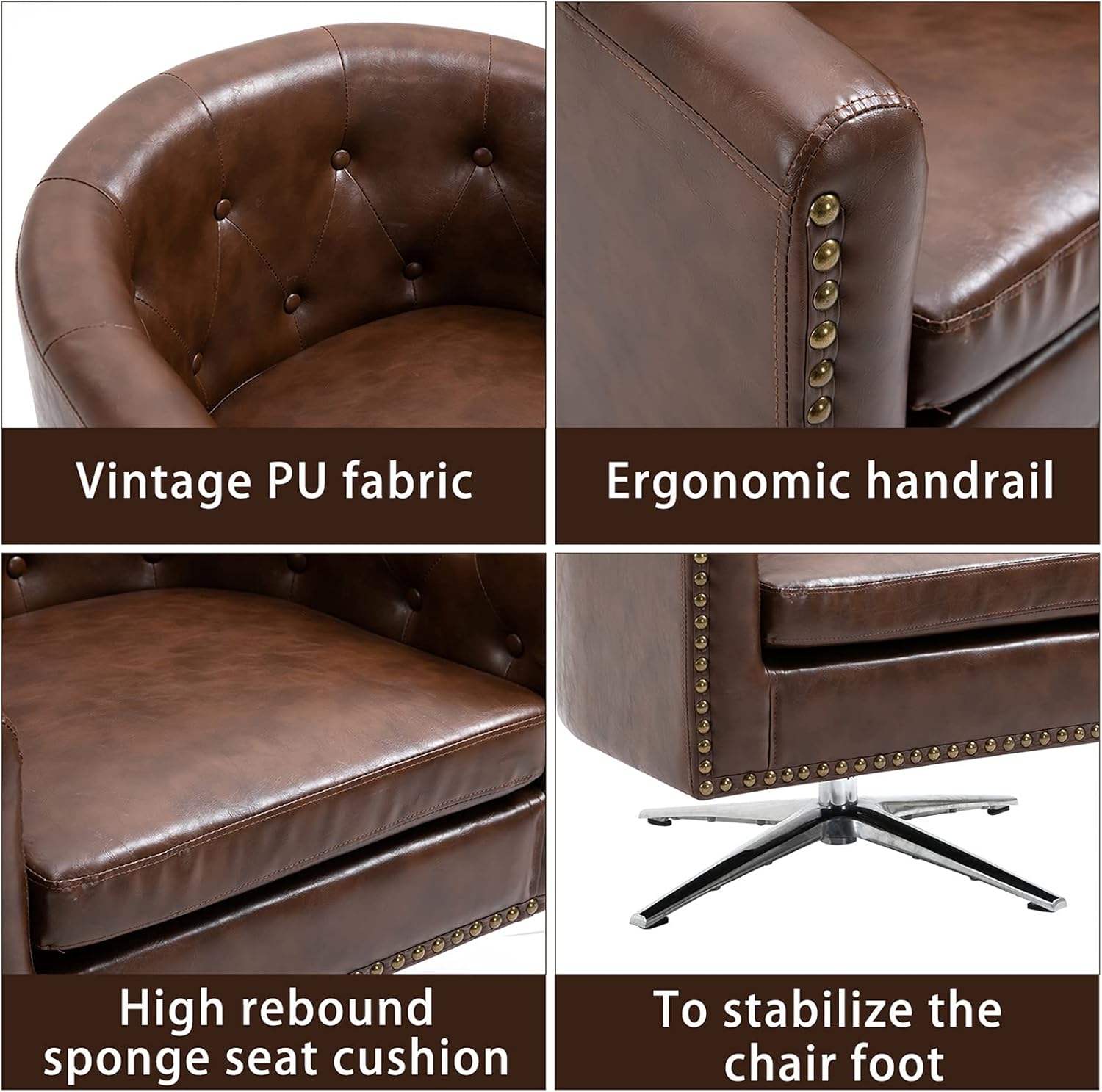 AVAWING Silla decorativa, silla de barril de piel sintética, sillón decorativo con acolchado suave y base de metal, silla moderna de mediados de