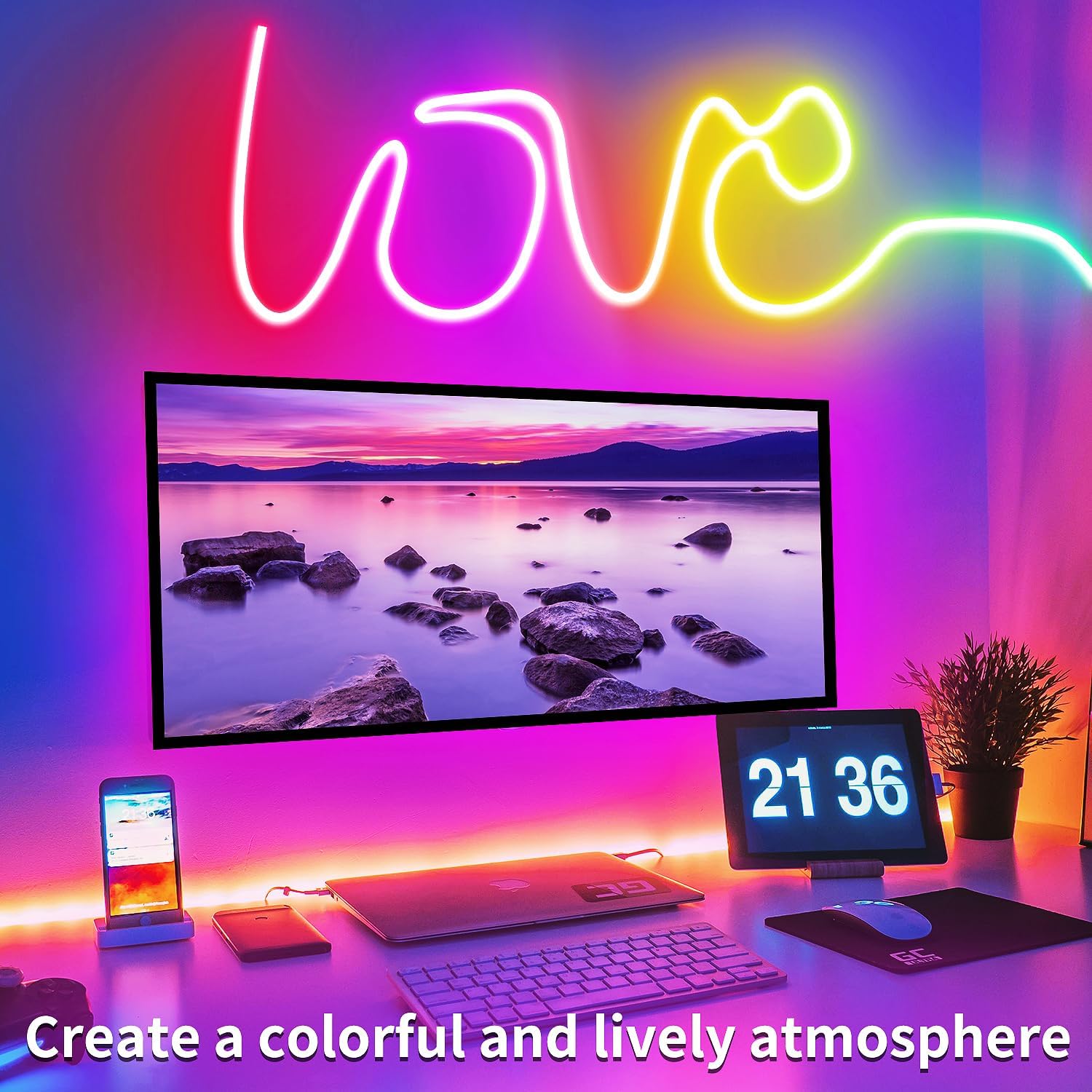 Tira de luces LED RGB de neón de 50 pies con control remotoAPP control IP65, impermeable, flexible, tira de luces LED de neón para decoración de