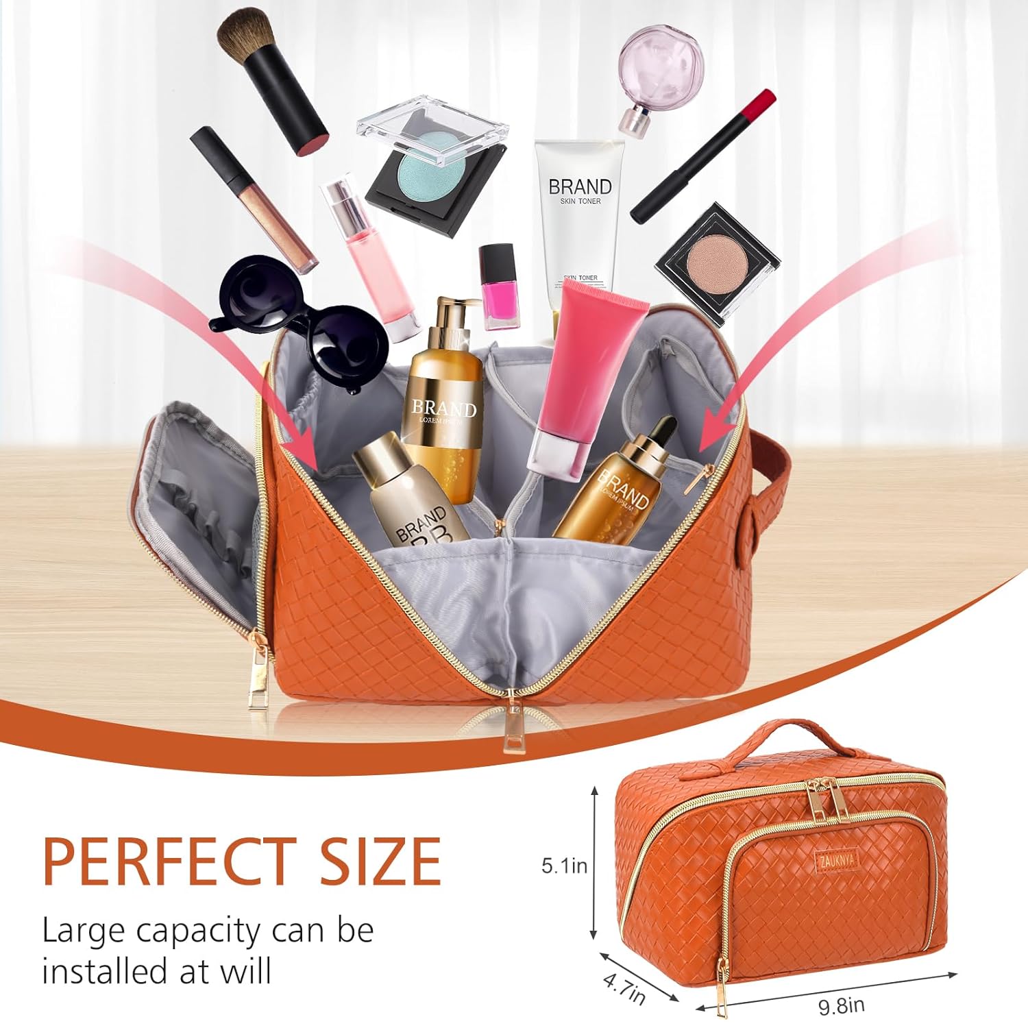 ZAUKNYA Bolsa de cosméticos de viaje de gran capacidad, bolsa de maquillaje para mujer, bolsa de cuero impermeable, portátil, organizador de