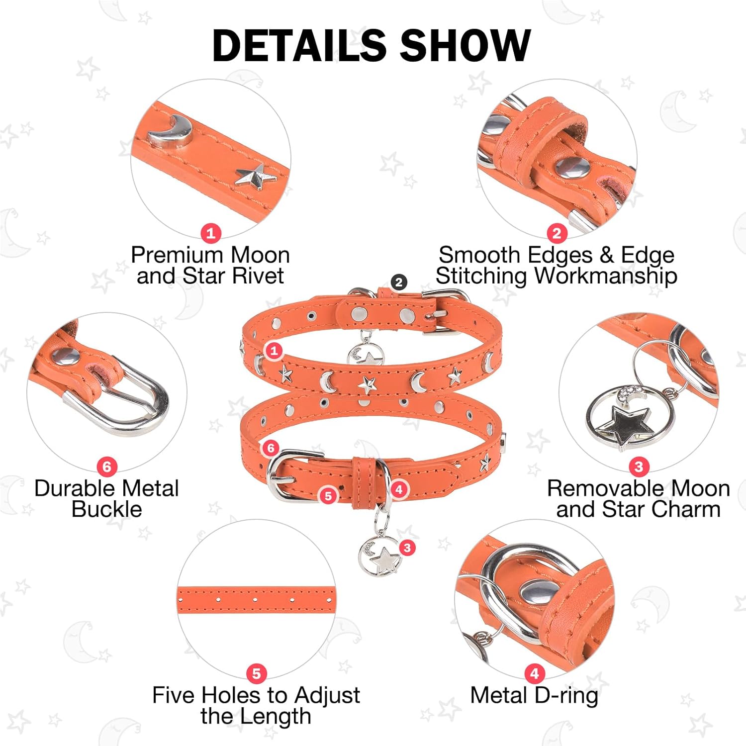Collar de cuero para perros pequeños y medianos, collar ajustable con remache de estrella y luna con hebilla de metal resistente al óxido, collares