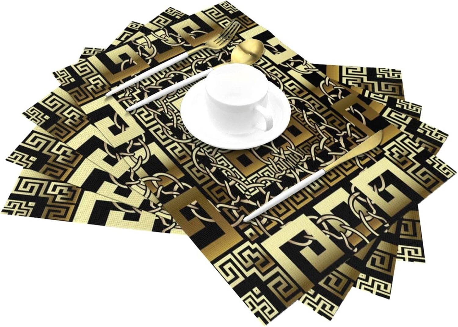 Manteles individuales tejidos de PVC con llave geométrica dorada griega para decoración de mesa, fiesta al aire libre y cocina, comedor, manteles