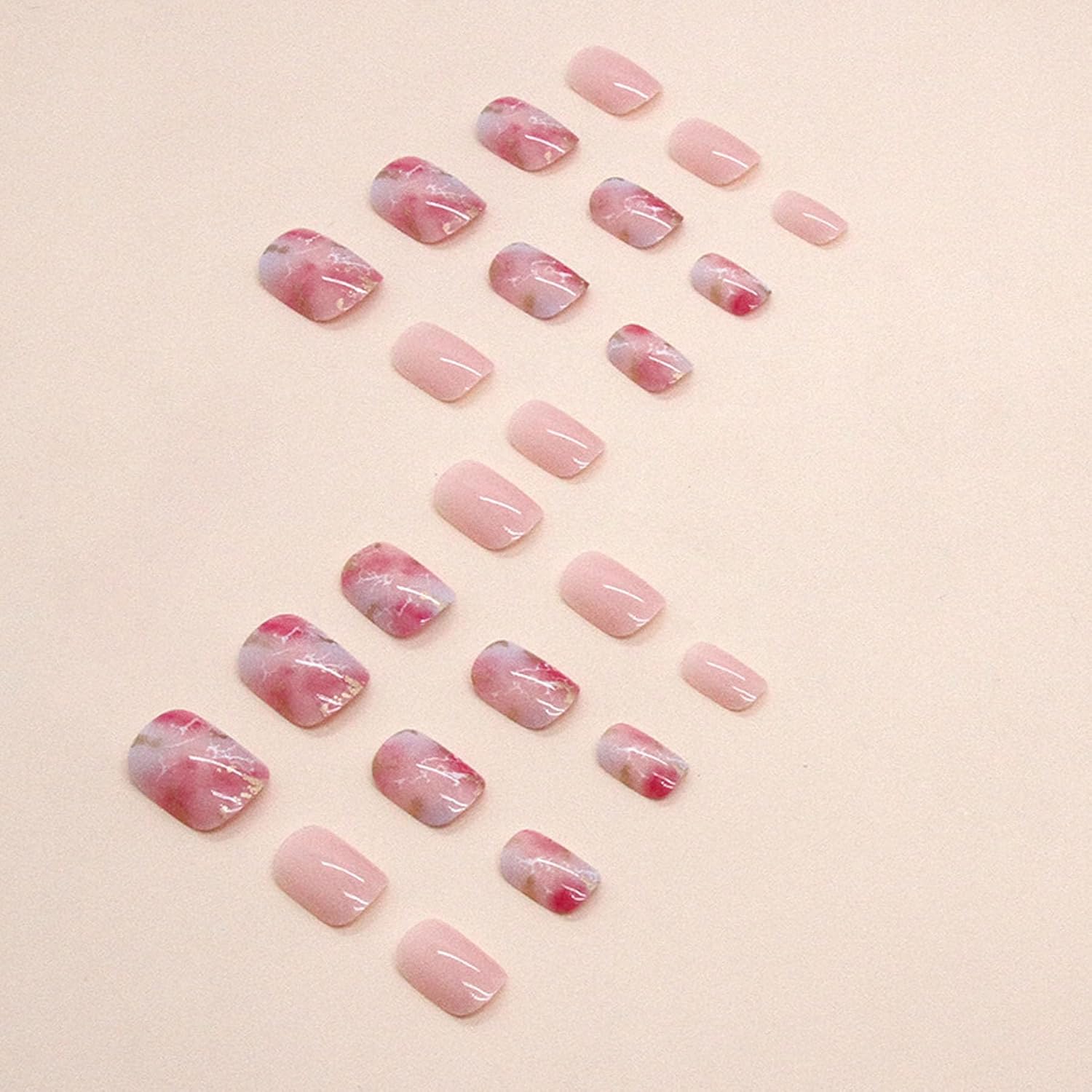 Uñas postizas cortas a presión, cuadradas, con diseño de flor de cerezo, rosa, degradado, con diseños de lámina dorada, romántica puesta de sol por