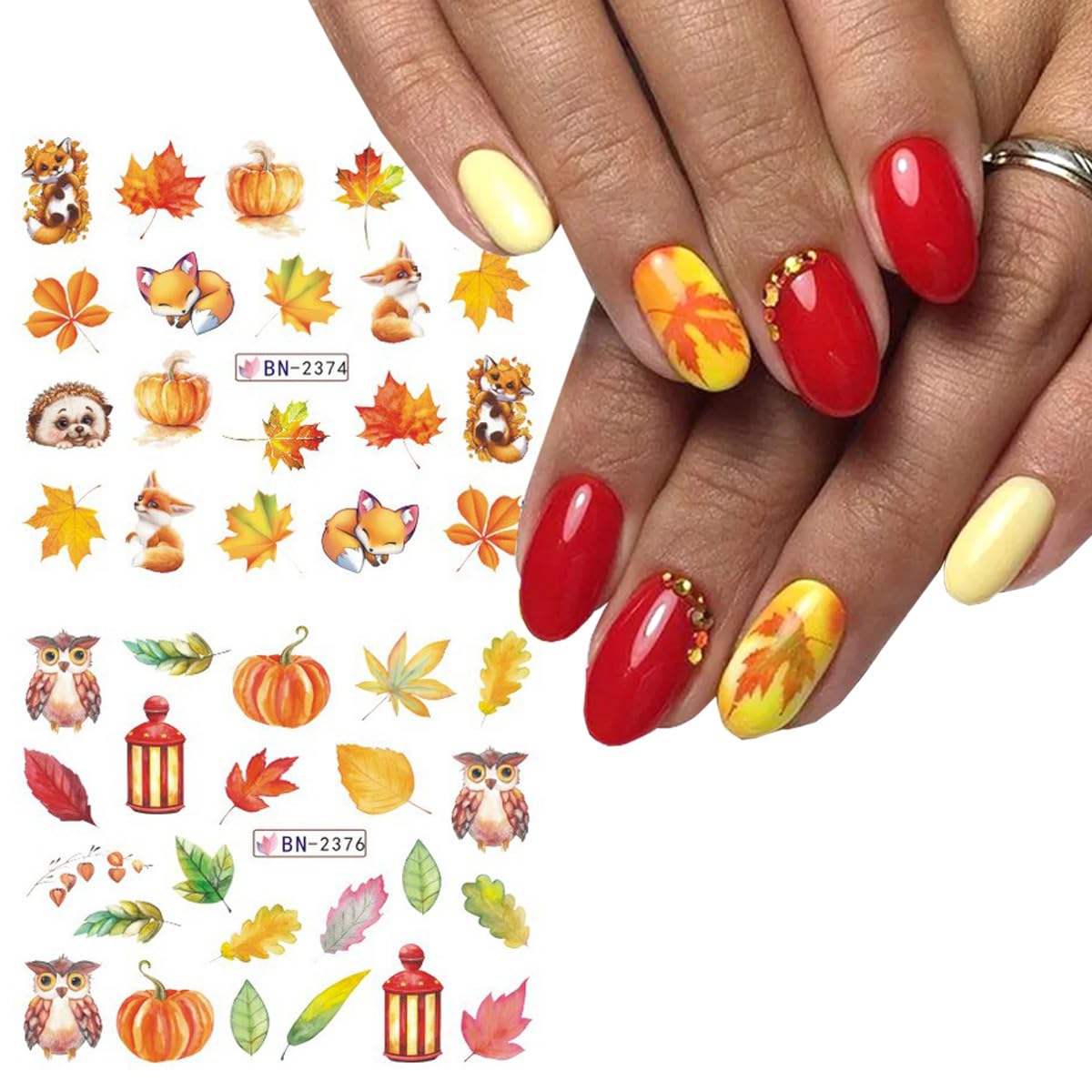 12 calcomanías de otoño para arte de uñas, hojas de arce, calcomanías de agua doradas para otoño, láminas deslizantes para hojas, geometría, búho,