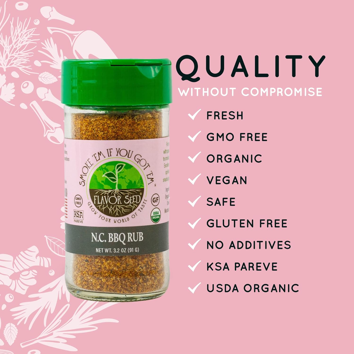 Flavor Seed Smoke ‘Em If You Got ‘Em Organic Carolina BBQ Rub. Dulce y picante. Para carne de res, pollo y cerdo. Condimentos y especias sin gluten