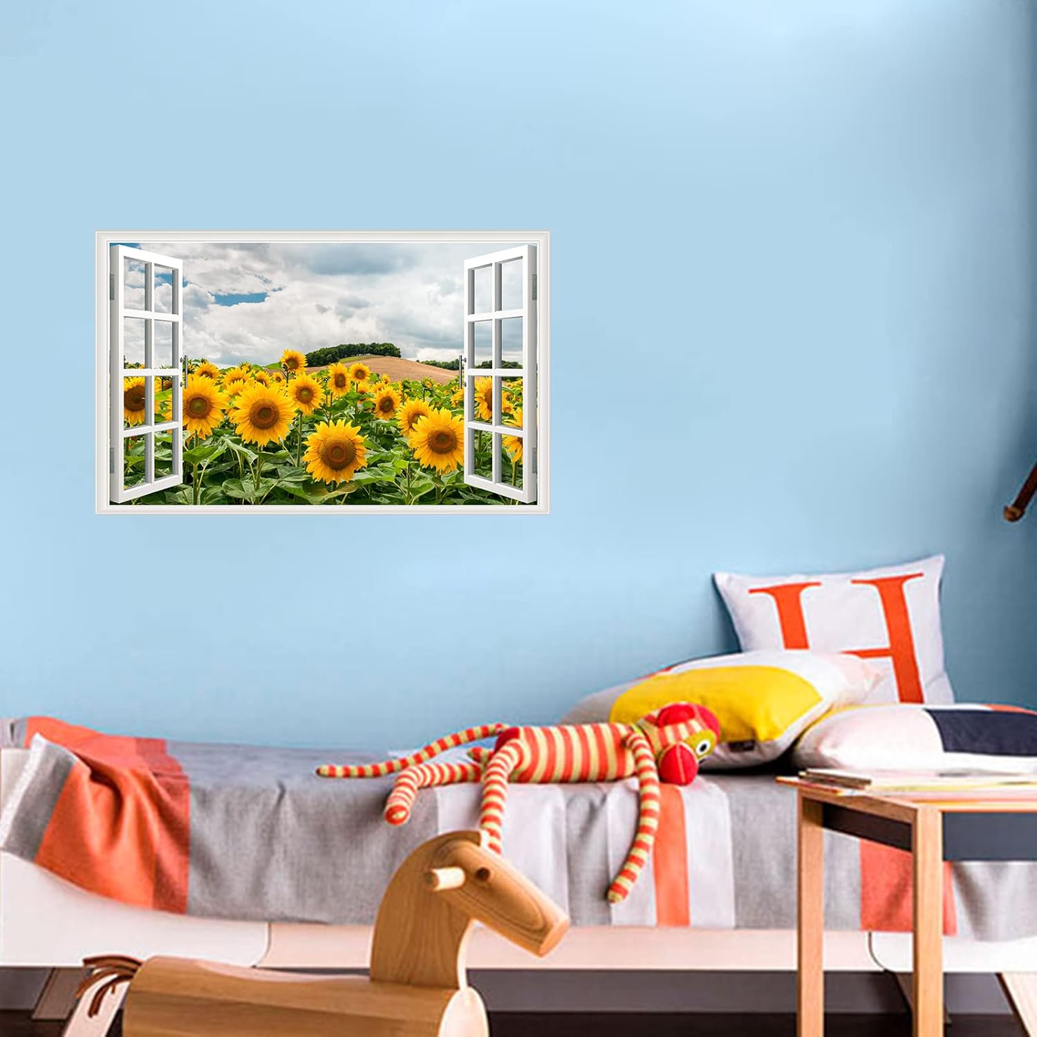 Adhesivo de pared de girasol, removible 3D, para ventanas falsas, vinilo autoadhesivo con girasol, para ventana, decoración de dormitorio, sala de