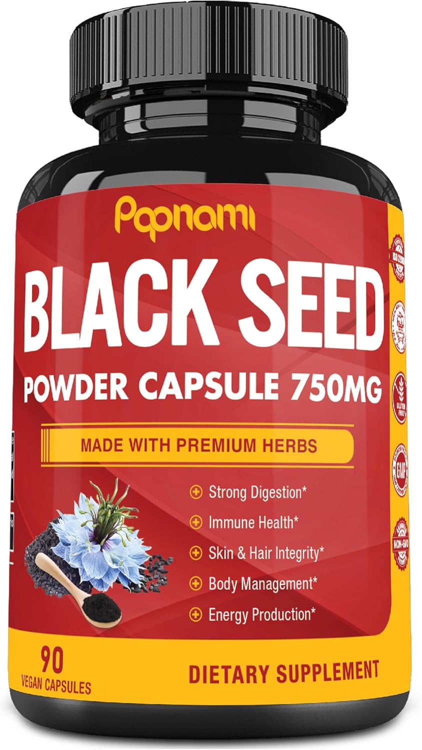 Cápsulas de polvo Pure Black Seed de 750 mg  Suplemento premium para inmunidad, digestivo, piel, cabello y equilibrio corporal  90 píldoras para
