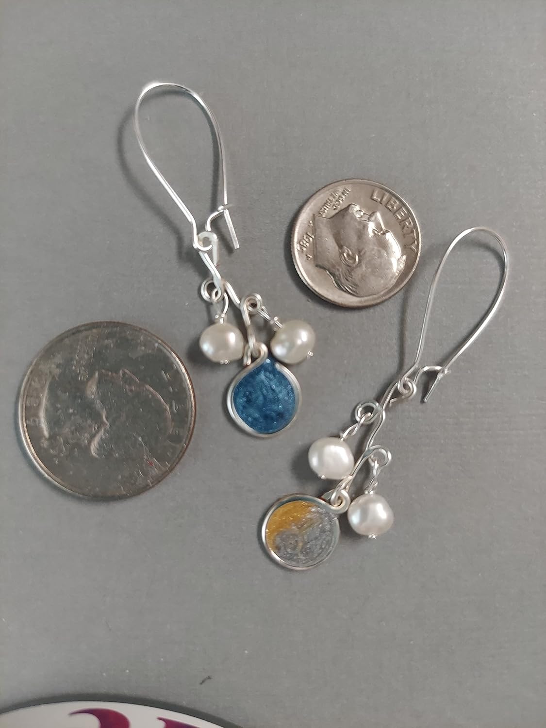 Handmade Lightweight Periwinkle Resin and White Pearl Cluster Silvertone Drop Earrings Beads by Bettina