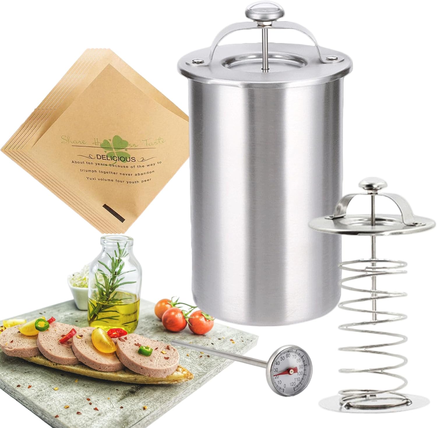 Molpafe Herramienta de prensa de carne de acero inoxidable para carne de jamón con termómetro, 20 bolsas de papel sándwich, molde de prensa para
