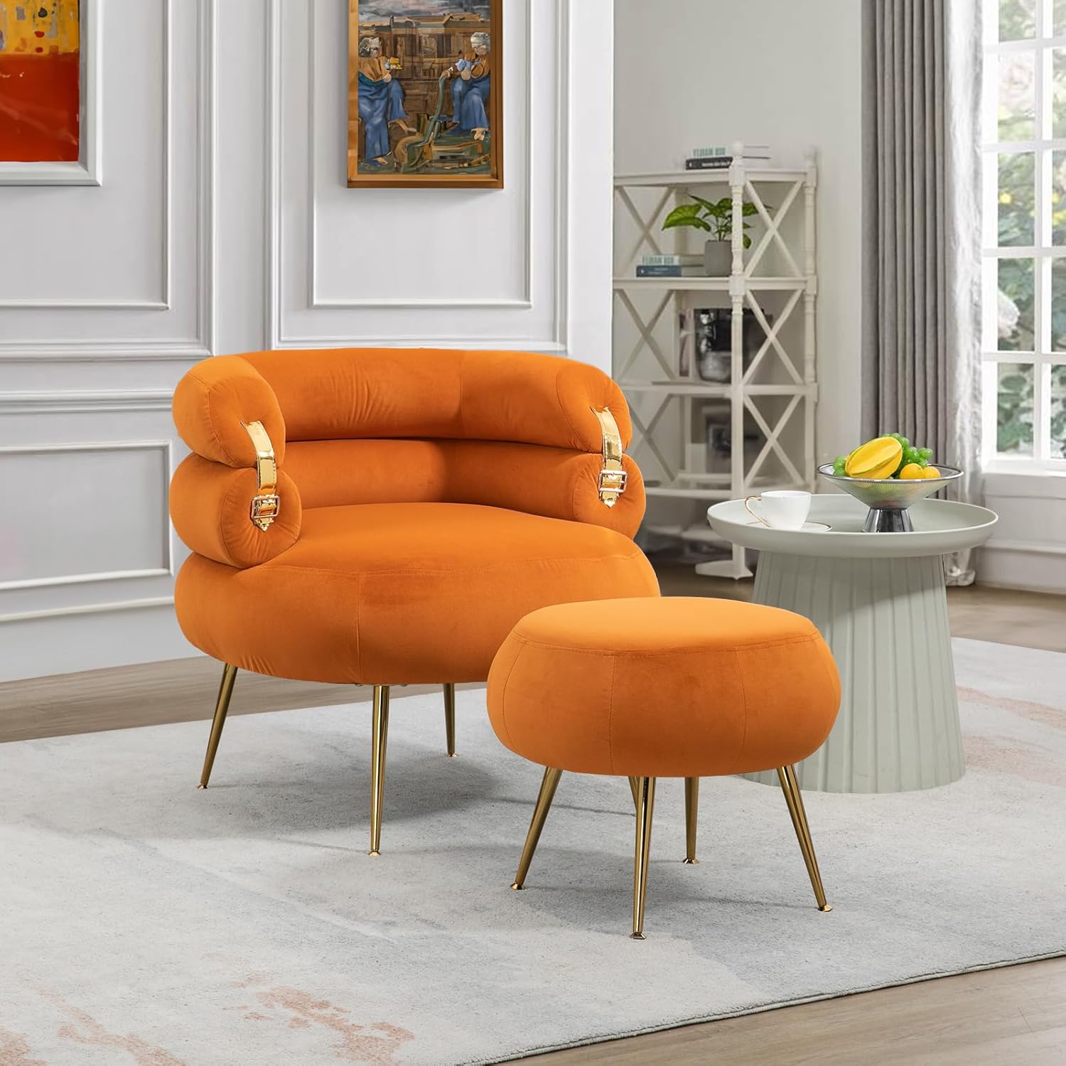 Antetek Silla decorativa moderna de terciopelo con otomana, sillón tapizado con elegante decoración dorada, cómoda silla de descanso para sala de