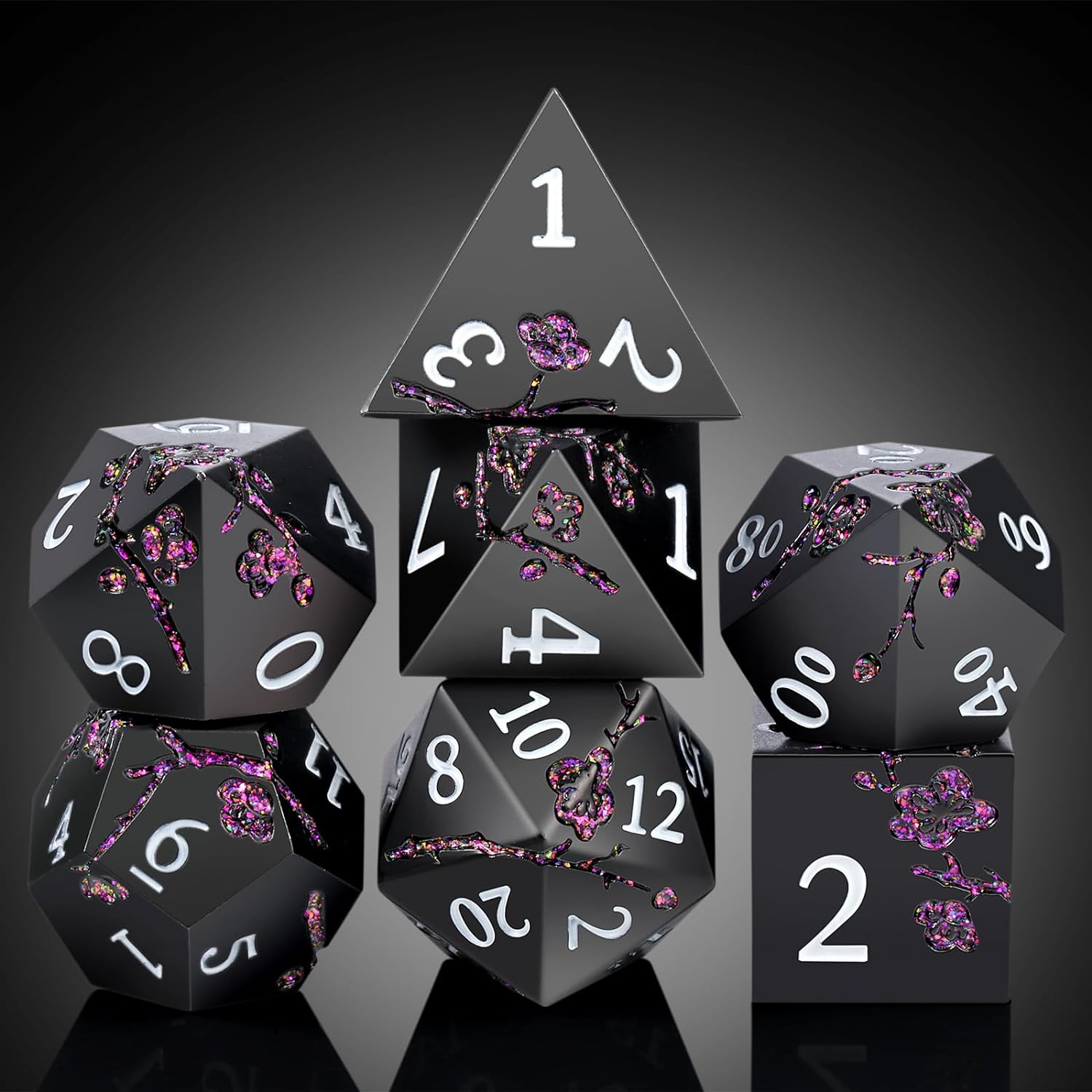 DNDND – Dados de metal morado con purpurina, 7 piezas de dados DND metálicos con diseño de flores y caja de regalo para juego de mesa de Calabozos y