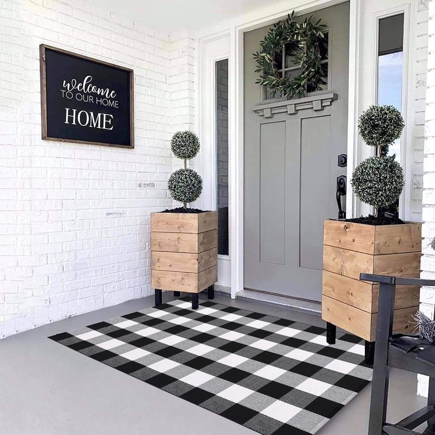 MUBIN – Alfombra de algodón de lana cuadriculada, 3 x 5 pies, color negro y blanco, alfombra decorativa a cuadros para poner al aire libre en la