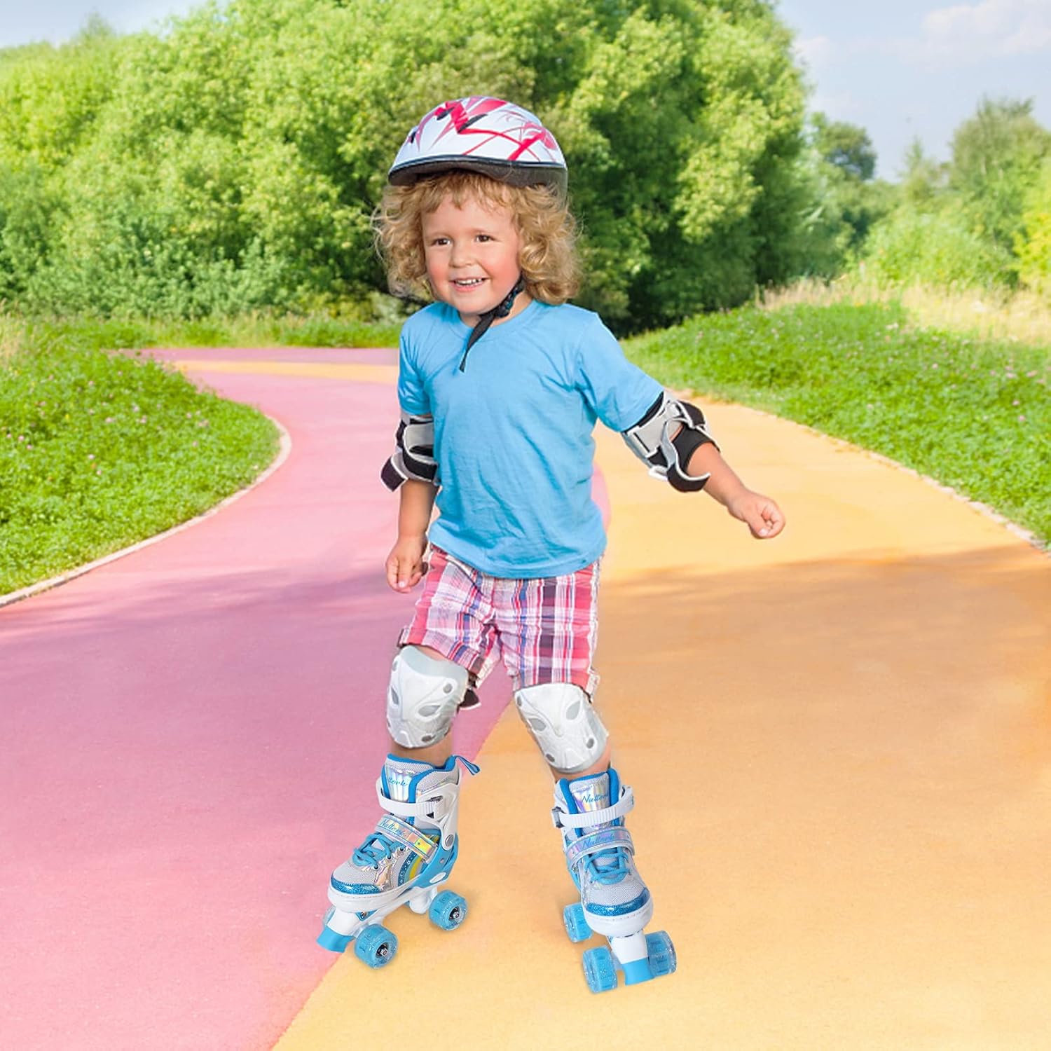 MammyGol Patines de ruedas para niñas y niños, 4 tamaños ajustables de arco iris, patines cuádruples con todas las ruedas iluminadas para niños