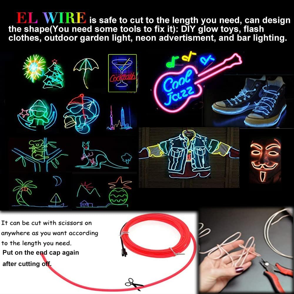 Cable El de color rojo, 9.8 pies  9.8 ft de luz de neón con paquete de baterías, alambre electroluminiscente brillante de neón para fiestas,