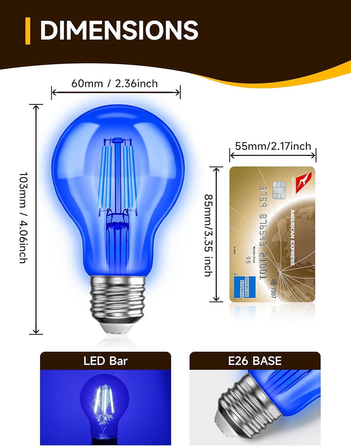 Bombillas azules, bombilla de filamento de vidrio azul, bombilla LED azul de 4 W, equivalente a 40 W, base E26, vidrio transparente, bombilla A19 de