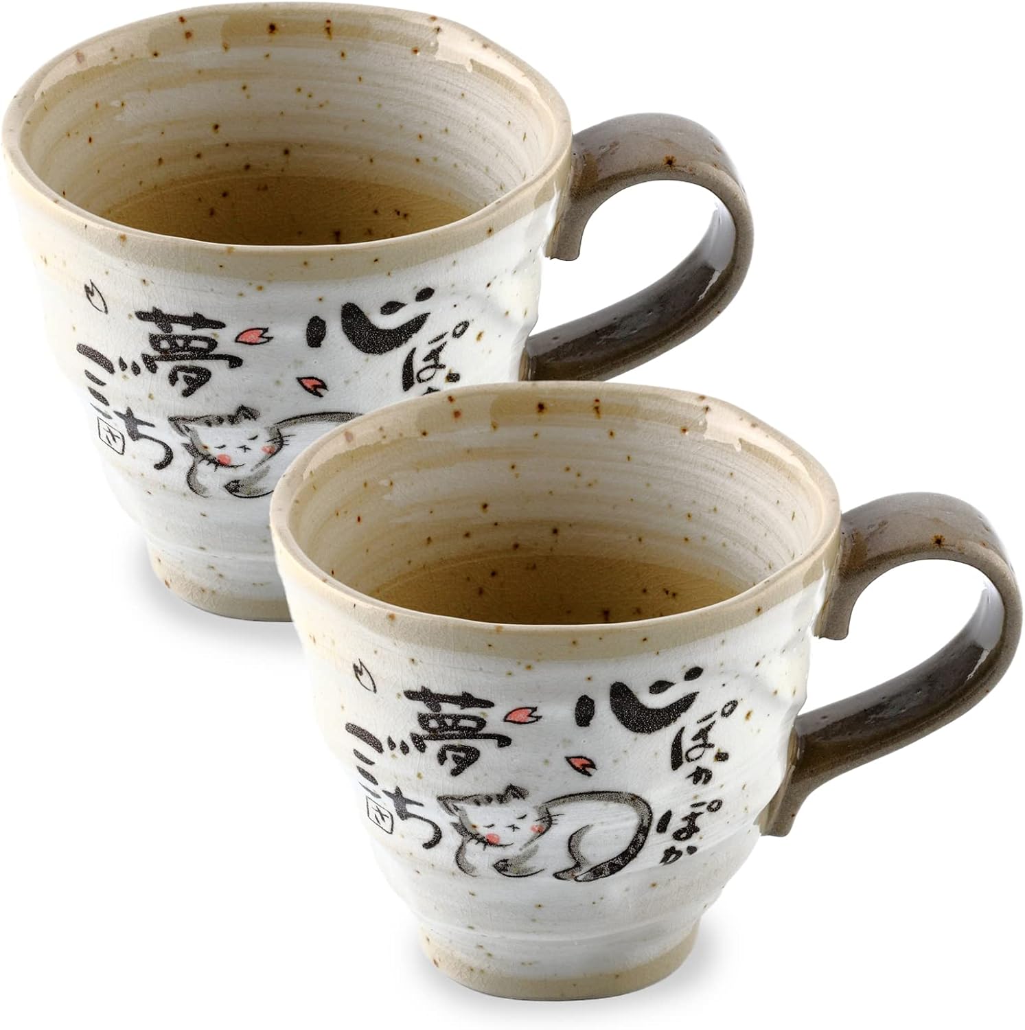 Juego de 2 tazas de café japonesas de cerámica Mino Yaki (Ware), diseño de gato de poema japonés, color gris, 8.8 onzas líquidas, tazas de té hechas