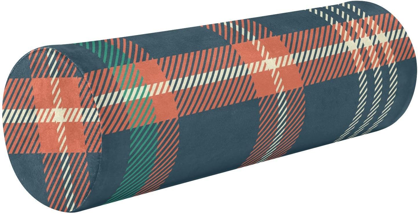 KLL Plaid Pattern with Green White Orange Round Bolster Pillow Memory Foam Neck Roll Pillow Foam Round Pillow Cushion Insert Support Pillow
