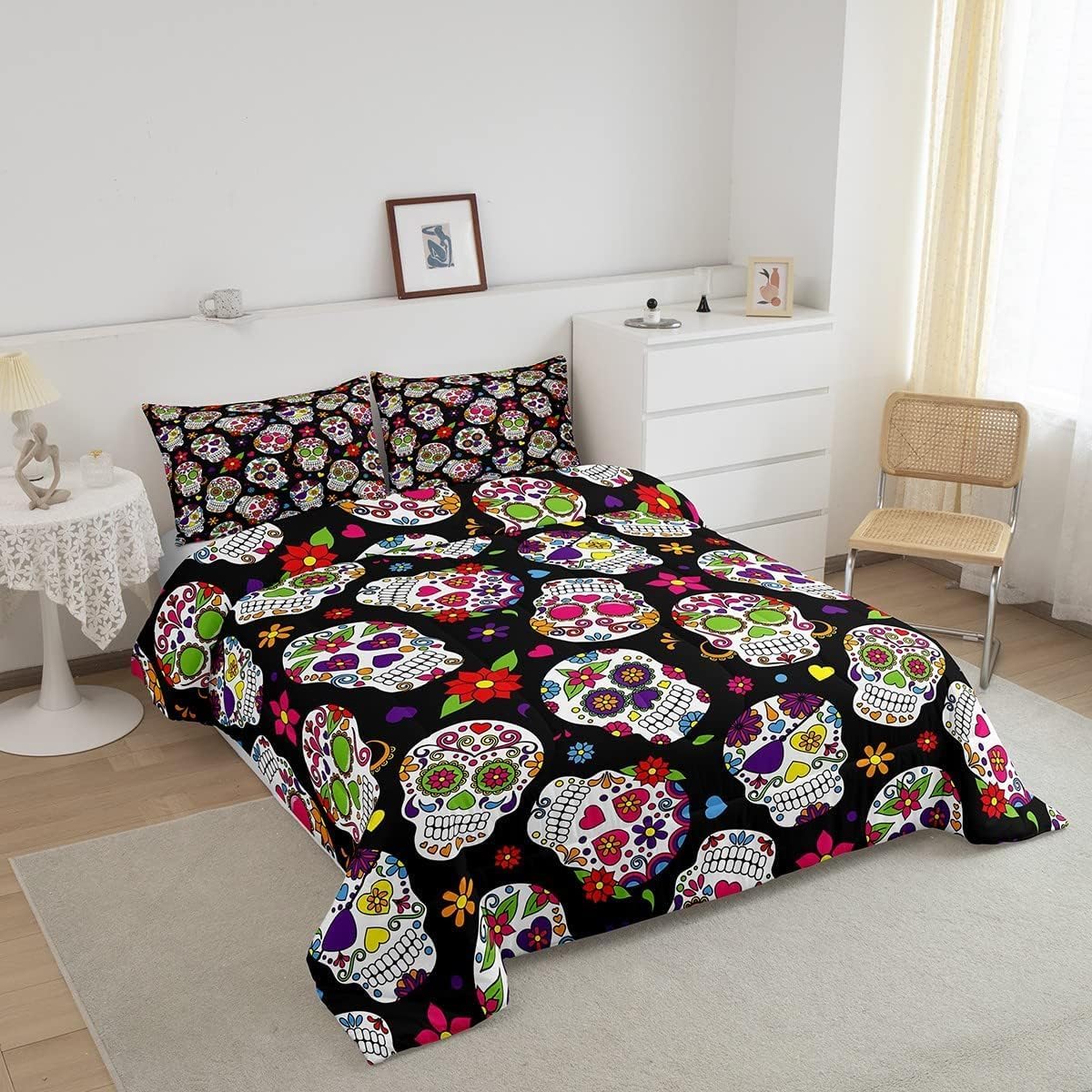 Juego de edredón de calavera de azúcar, tamaño King, juego de ropa de cama de 3 piezas con estampado de calavera humana, edredón de plumón con