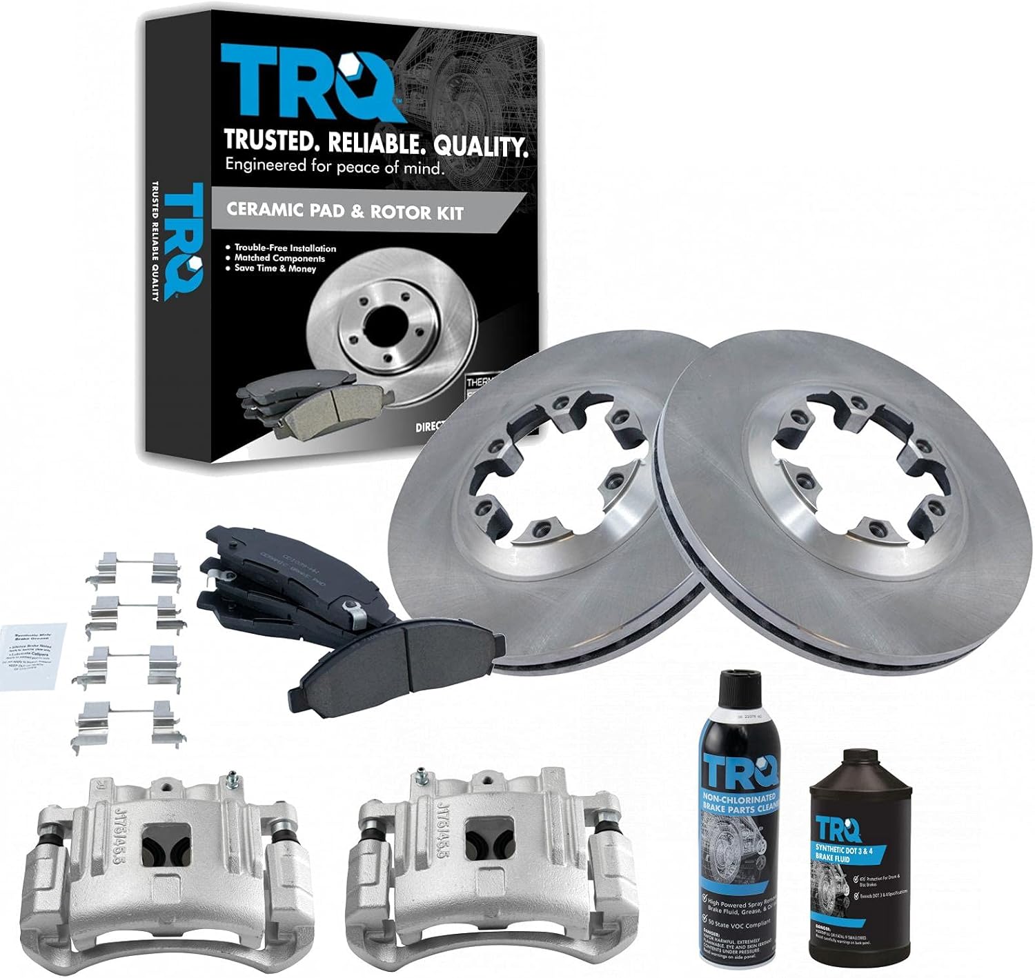 TRQ Almohadillas de cerámica delanteras Rotores Calibres y fluidos para Chevrolet GMC Isuzu Nuevo
