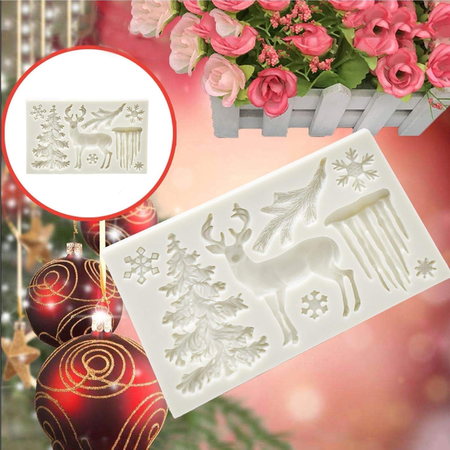 Moldes de chocolate de Navidad, molde de silicona 3D, diseño de ciervos con temática de Navidad, molde de fondant, molde de copo de nieve para hacer
