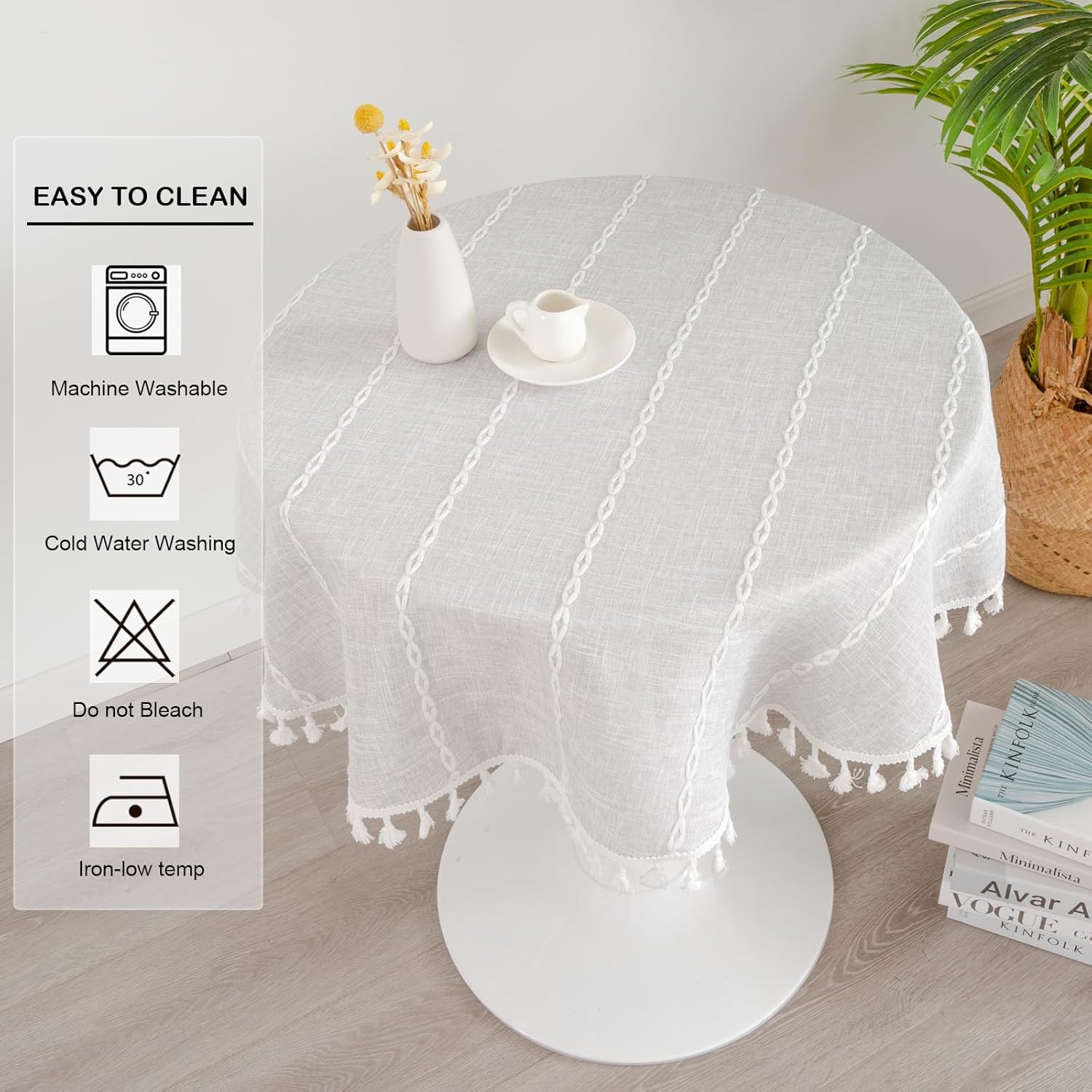YZKITM Mantel redondo rústico pequeño lavable a rayas de lino jacquard de peso pesado estilo granja con borlas para cocina, comedor, fiesta,