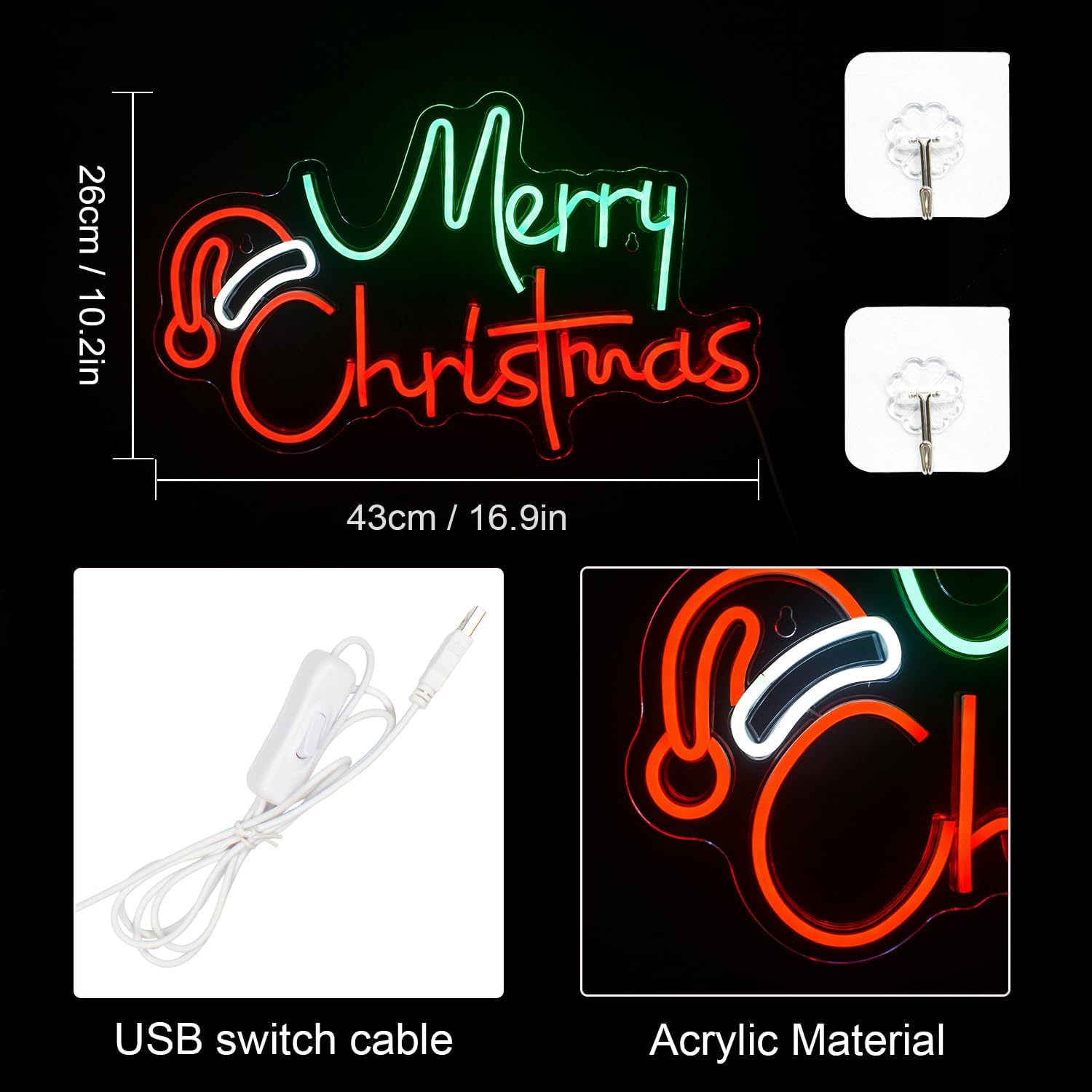Lucunstar Letrero de neón verde de Feliz Navidad, letreros de neón para decoración de pared, luz LED de sombrero de Navidad con tablero acrílico,