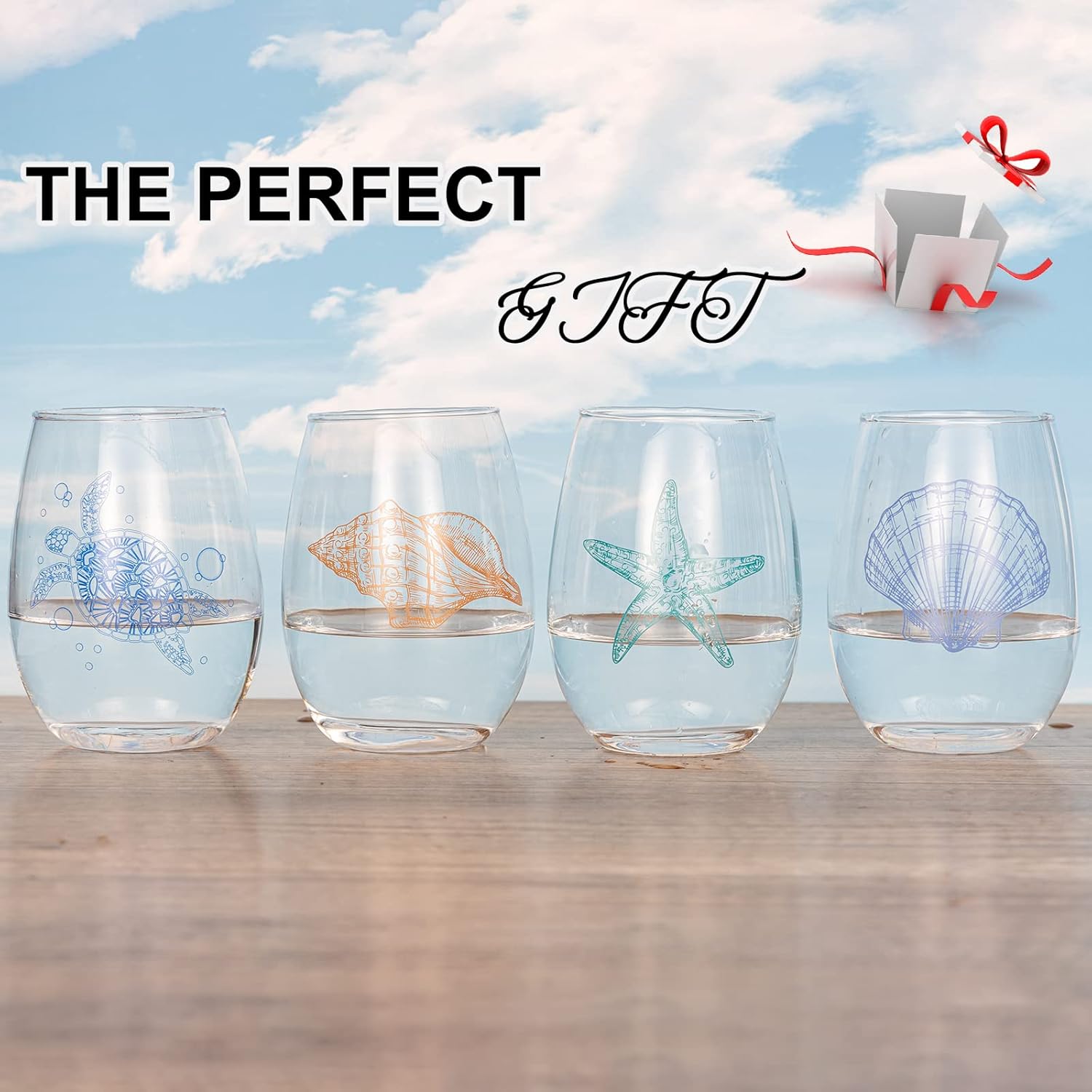 Copas de vino sin tallo con temática oceánica, juego de 4 cristalería de orilla del mar, tortuga marina, estrella de mar, conchas marinas, surtido