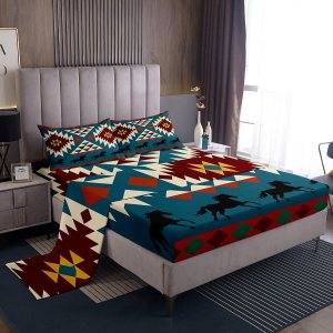 Juego de sábanas de caballo indio africano con geometría tribal, juego de sábanas bajeras nativas aztecas del suroeste, sábana superior de animales Juego de sábanas de caballo indio africano con geometría tribal, juego de sábanas bajeras nativas aztecas del suroeste, sábana superior de animales