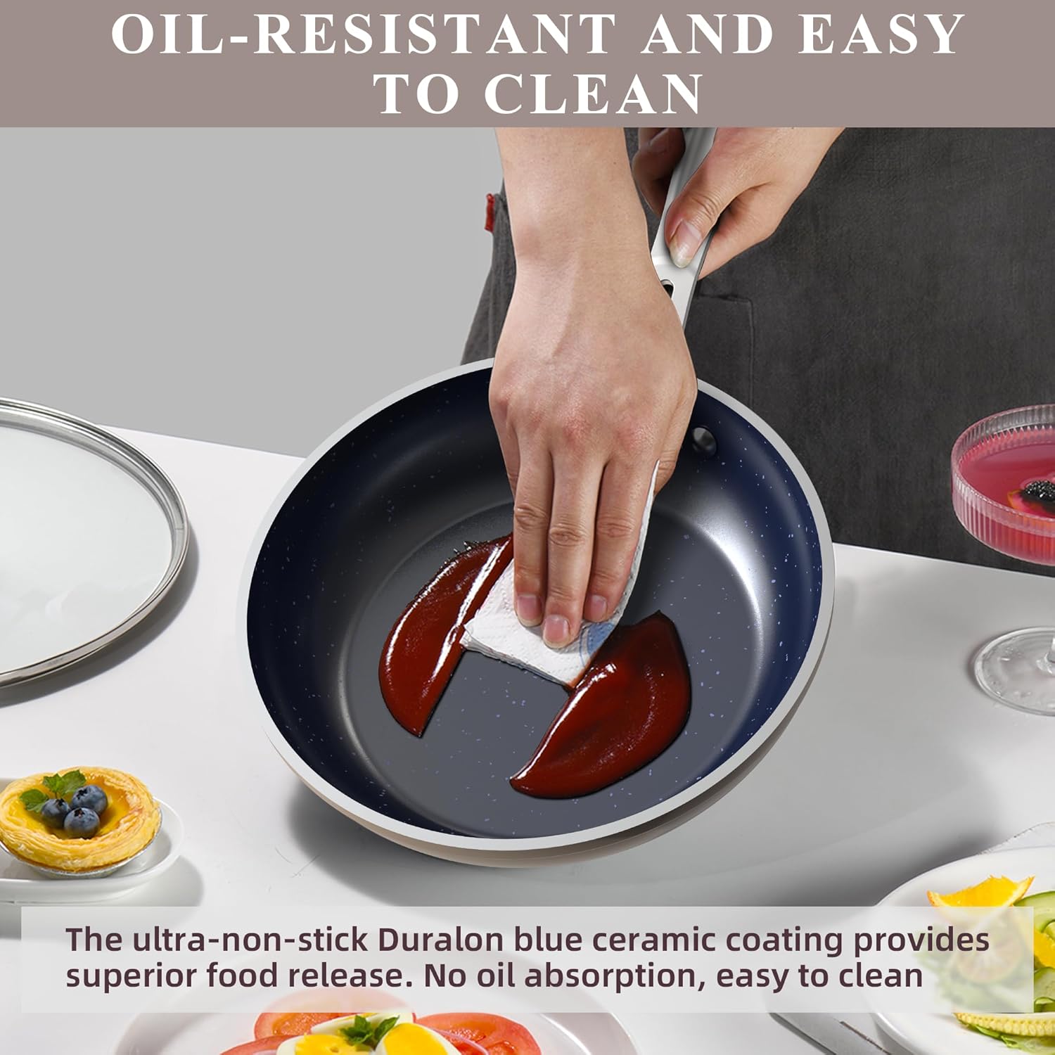 Nuwave Healthy Duralon – Juego de utensilios de cocina con revestimiento antiadherente de cerámica azul, resistente a los arañazos, sin PTFE y PFOA,