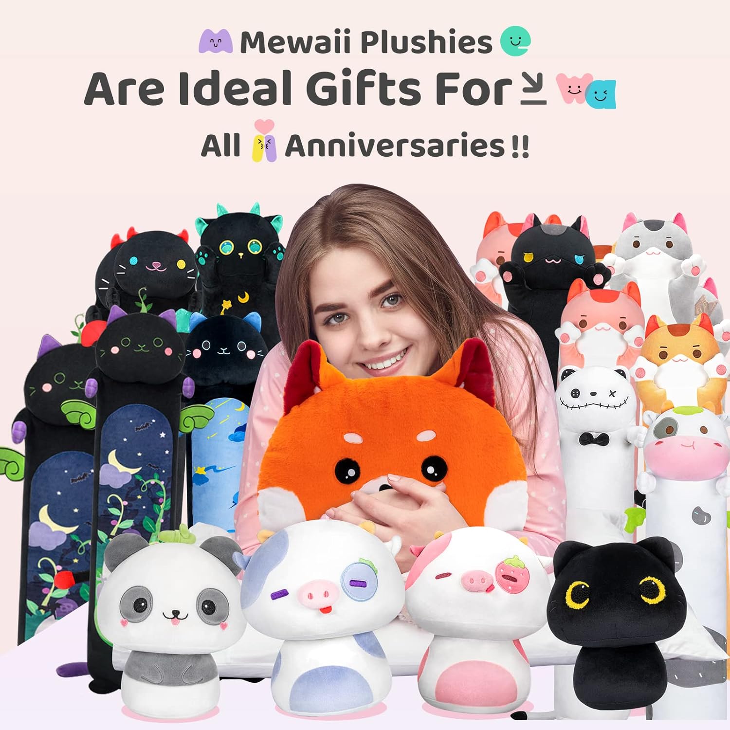 Peluche largo de gato + felpa reversible, almohada de felpa de gato gris de 44 pulgadas + almohada de felpa de zorro de panda rojo de 18 pulgadas