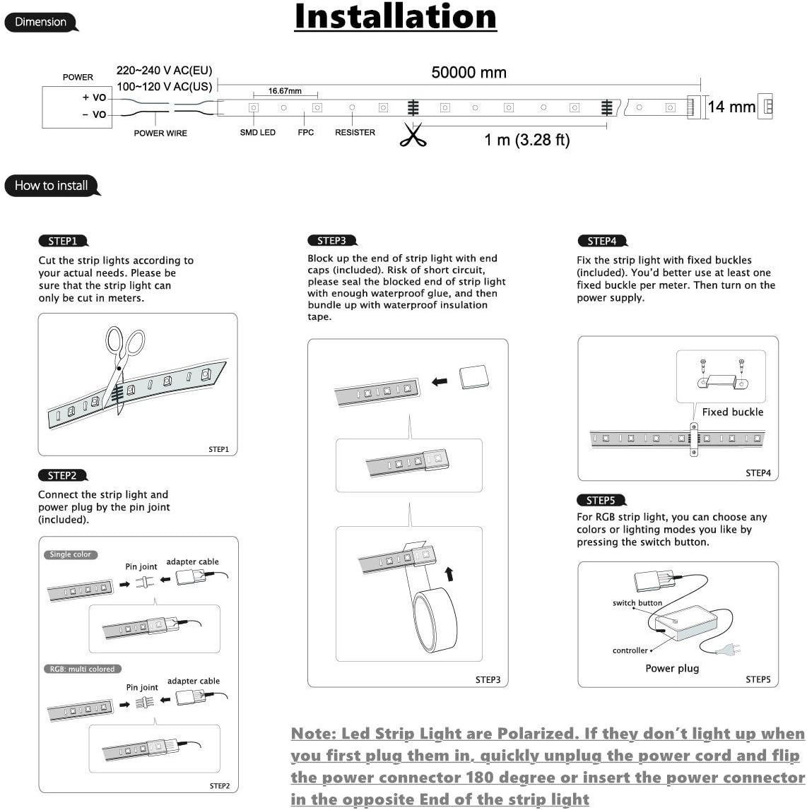 White Color LED Strip Light, AC 110-120V FlexibleWaterproofMulti-Modes FunctionDimmable SMD5050 LED Rope Light with Remote for HomeOfficeBuilding